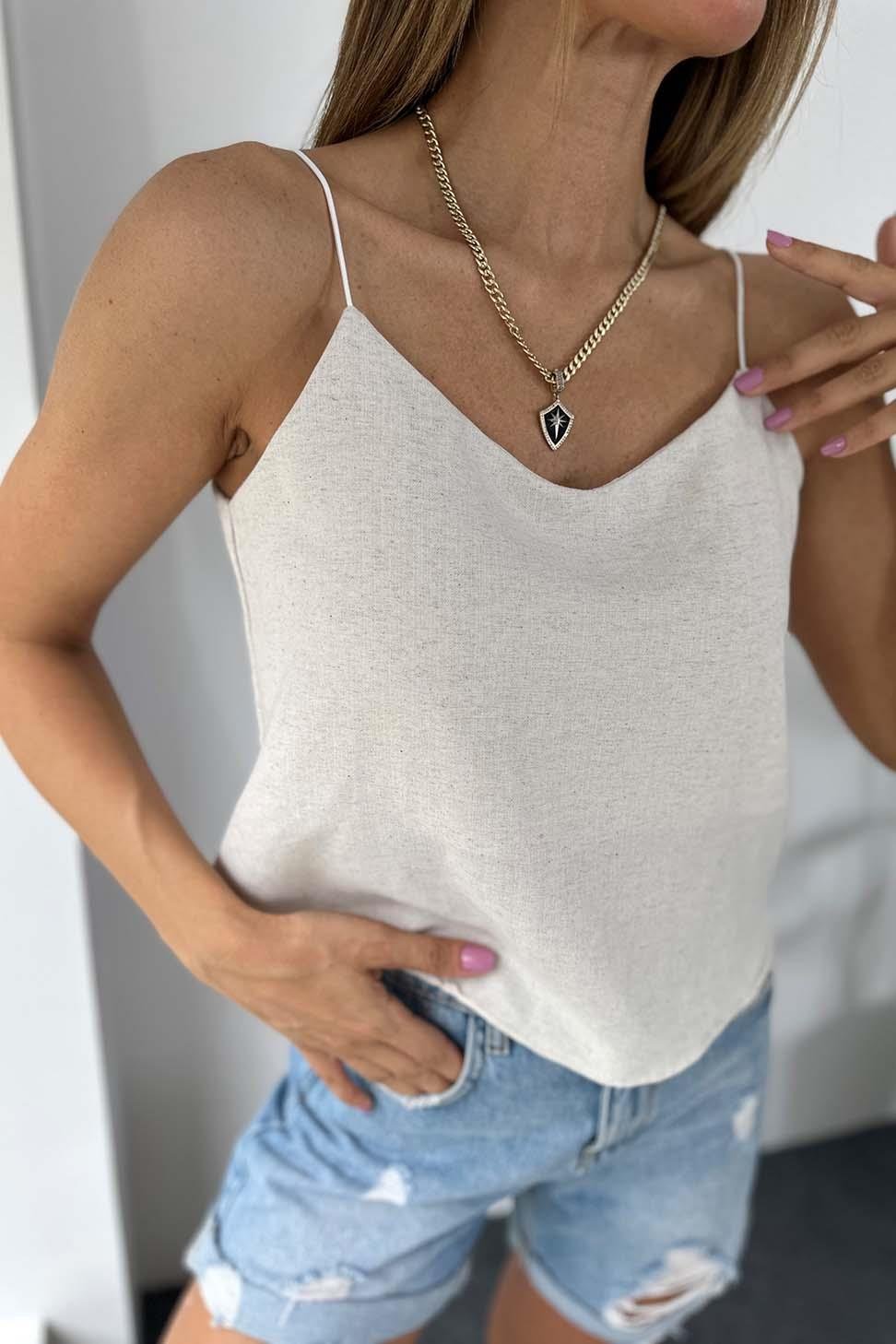 Premium Kalite Keten Kumaş Lastik Askılı Bluz Taş