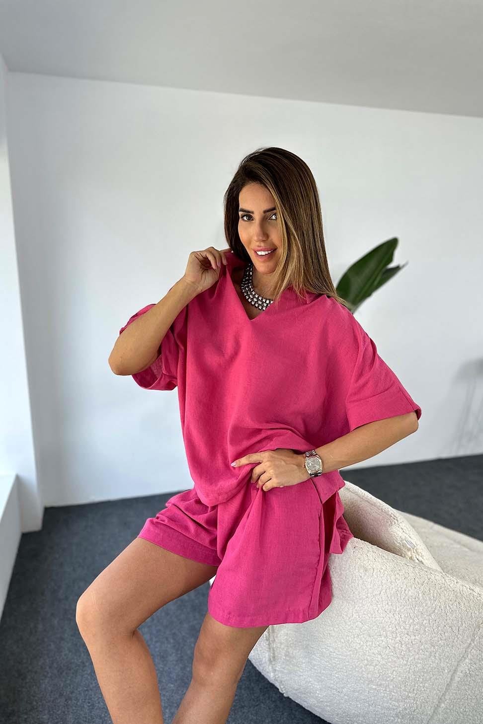 Premium Kalite Keten Kumaş Oversize Bluz Şort Kadın Takım FUŞYA