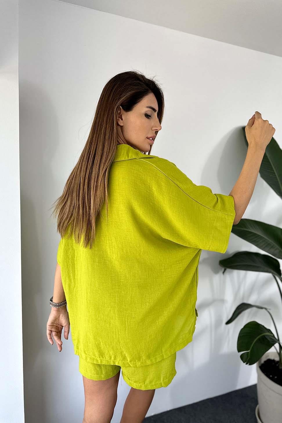 Premium Kalite Keten Kumaş Oversize Bluz Şort Kadın Takım Olive