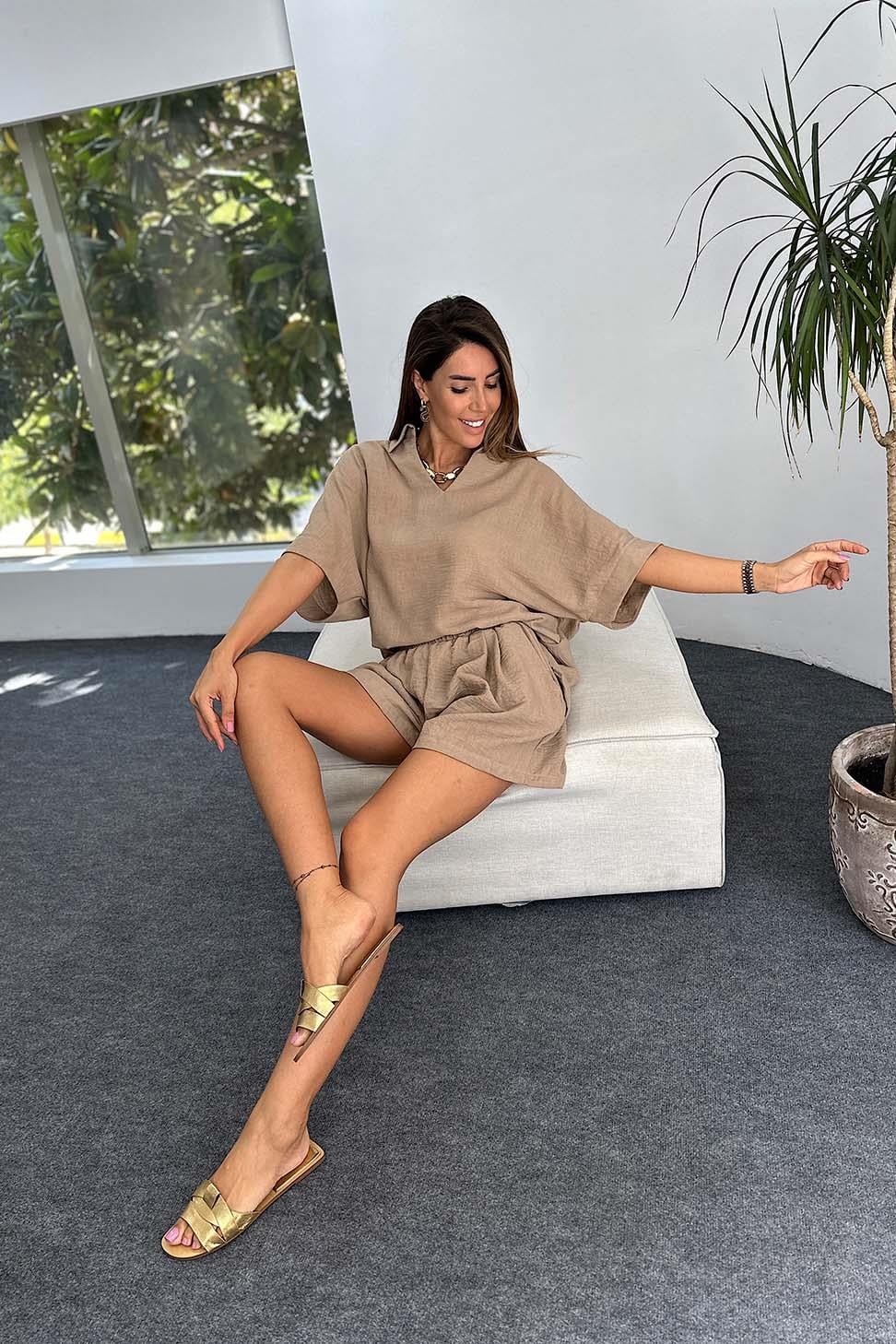 Premium Kalite Keten Kumaş Oversize Bluz Şort Kadın Takım Bej