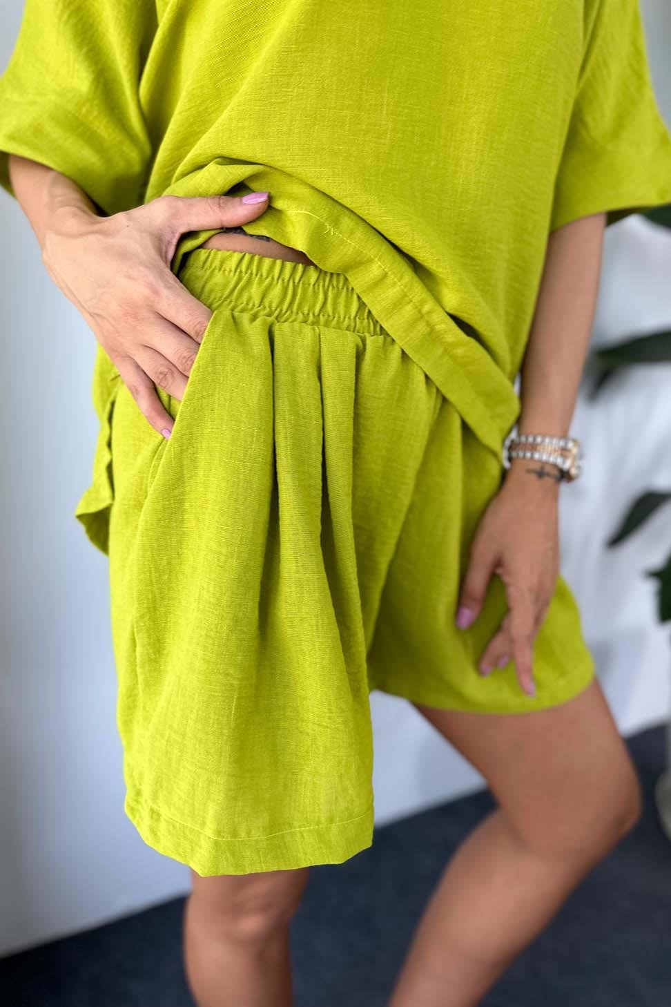 Premium Kalite Keten Kumaş Oversize Bluz Şort Kadın Takım Olive
