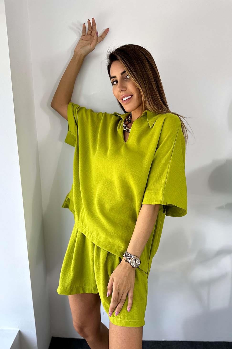 Premium Kalite Keten Kumaş Oversize Bluz Şort Kadın Takım Olive