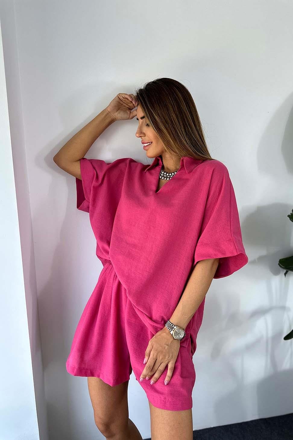 Premium Kalite Keten Kumaş Oversize Bluz Şort Kadın Takım FUŞYA