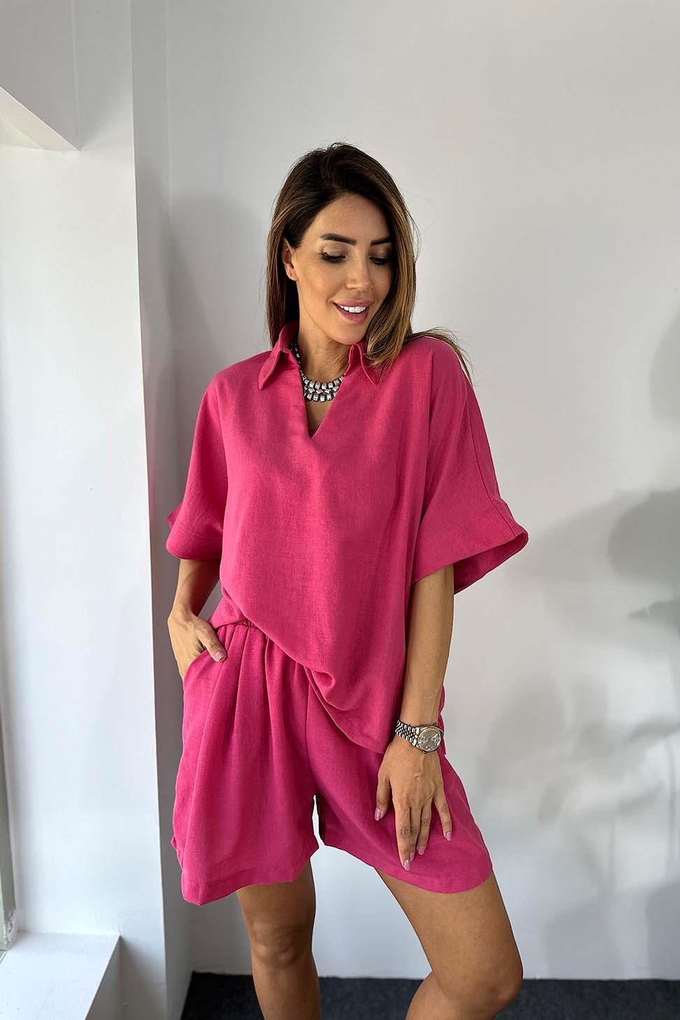 Premium Kalite Keten Kumaş Oversize Bluz Şort Kadın Takım FUŞYA