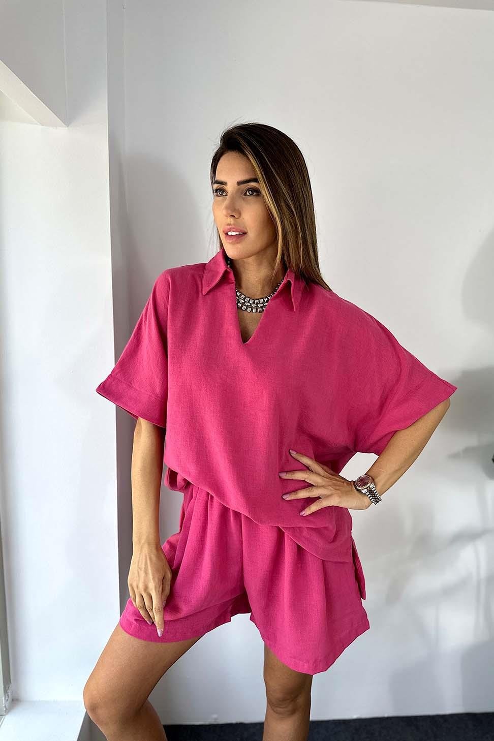 Premium Kalite Keten Kumaş Oversize Bluz Şort Kadın Takım FUŞYA