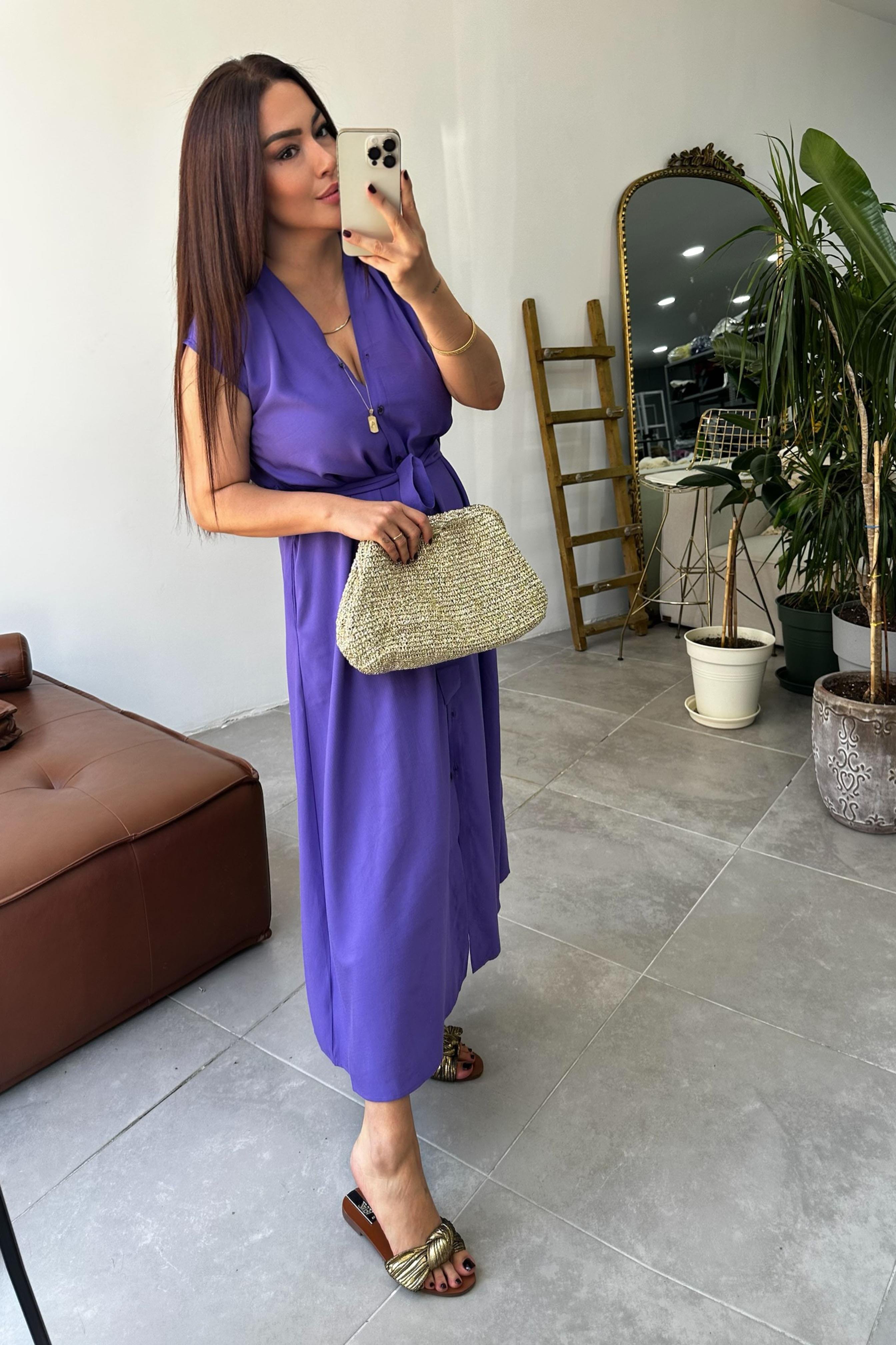 Premium Kalite Kolsuz Kuşaklı Elbise Mor