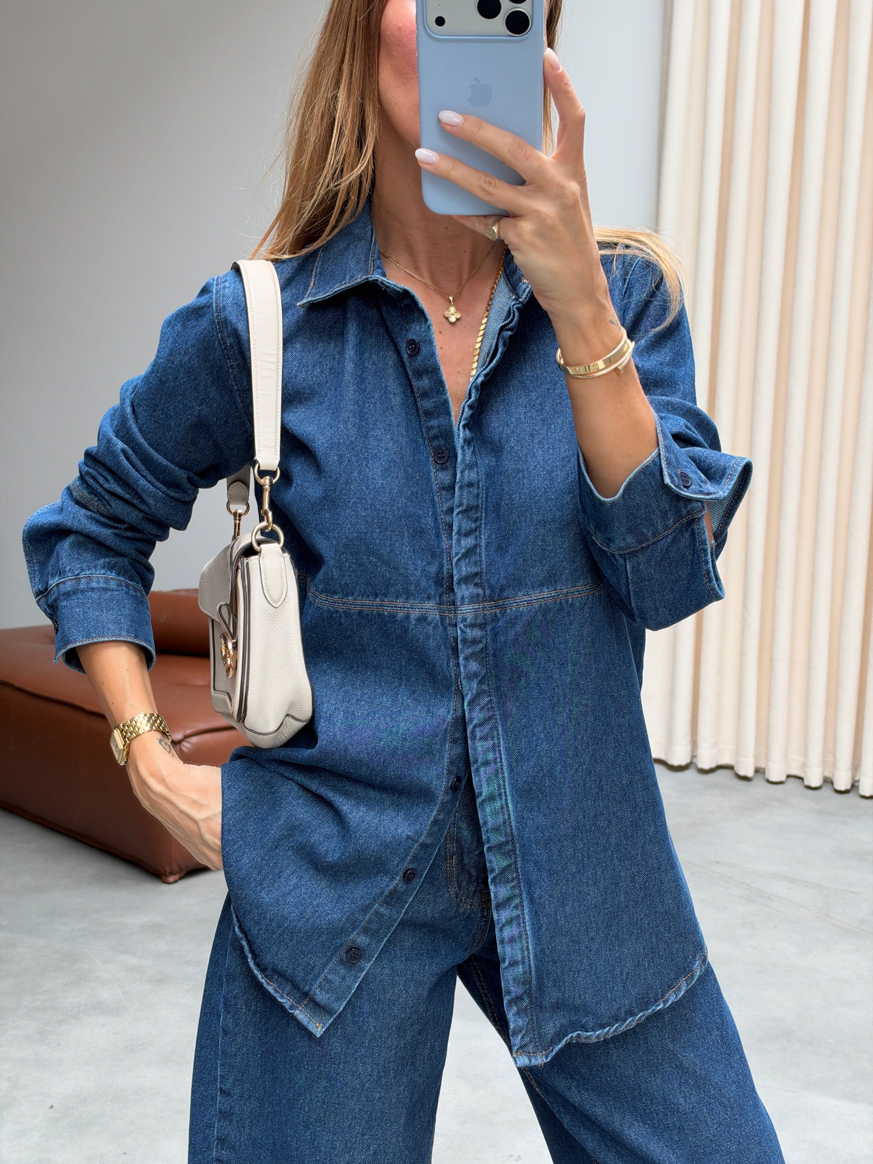 Premium Kalite Kontrast Dikişli Gizli Düğmeli Denim Gömlek Lacivert