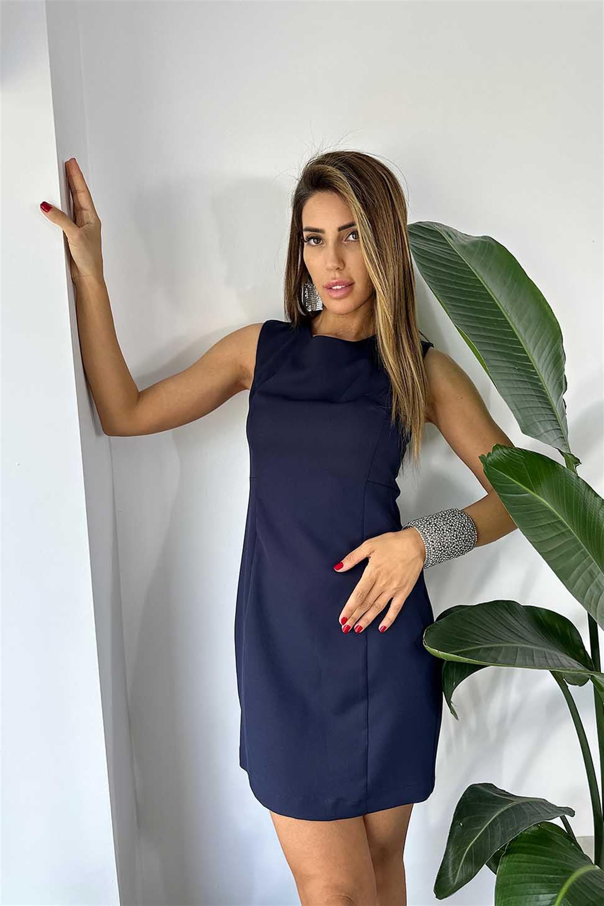 Premium Kalite Krep Kumaş Fermuarlı Mini Elbise Lacivert