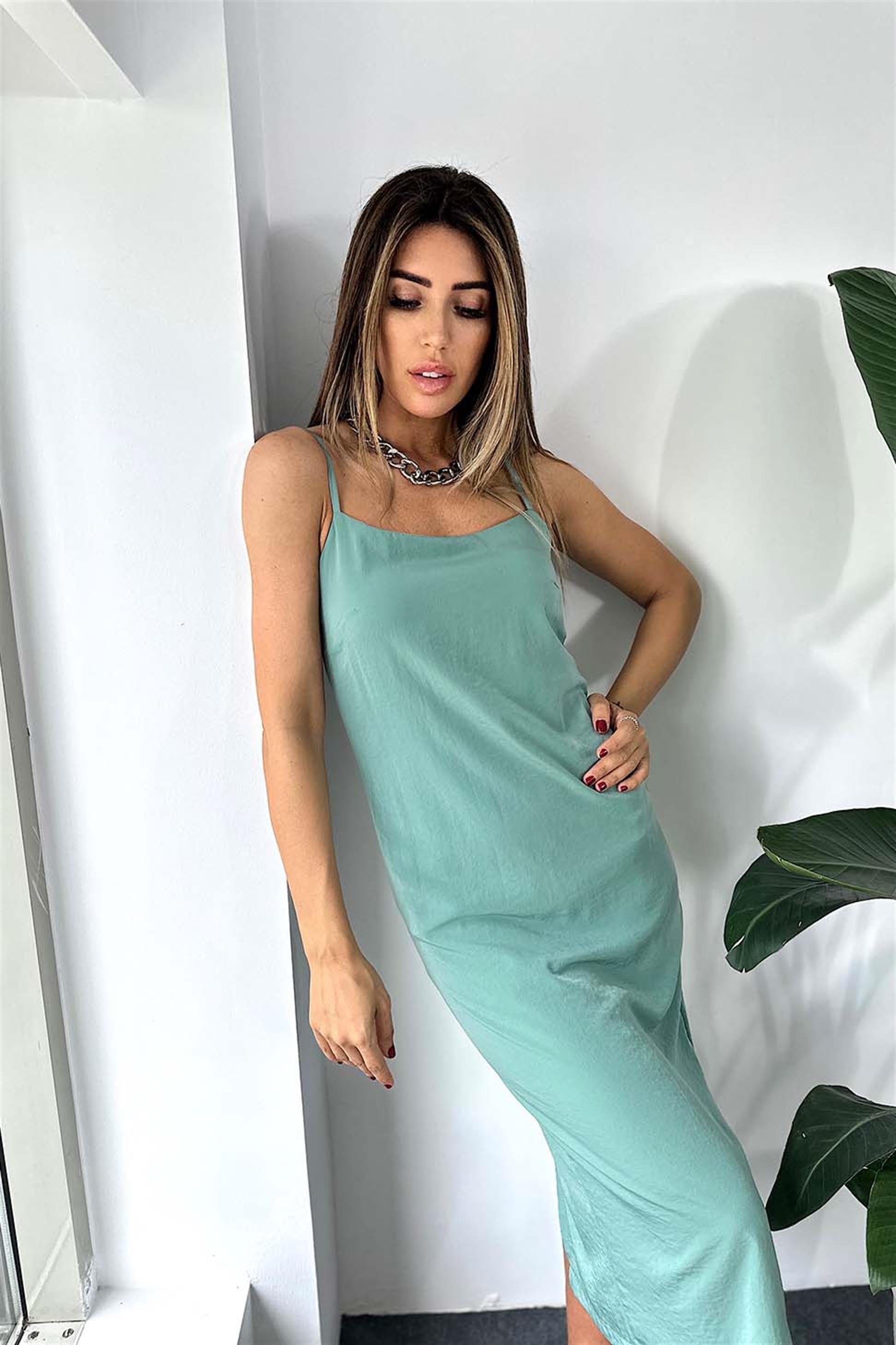 Premium Kalite Kupra Kumaş Ayarlanabilir Askılı Abiye Elbise Mint
