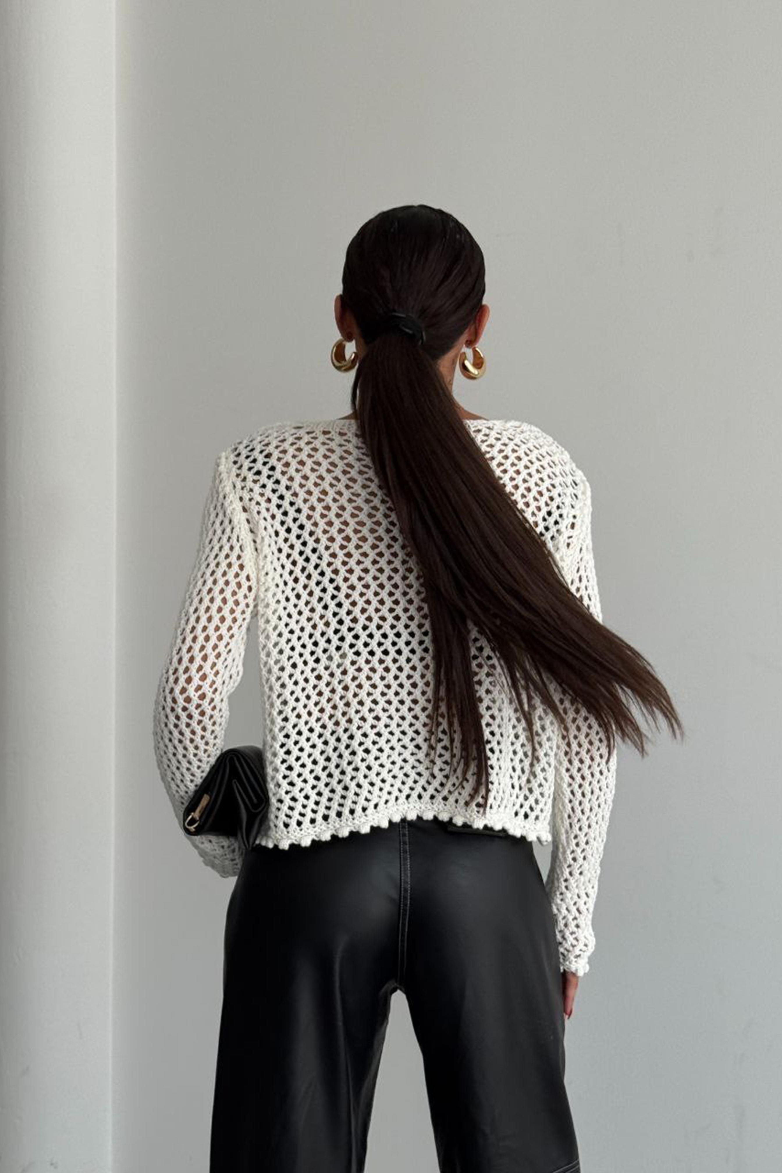 Premium Kalite Kurdele Bağlamalı Örme Hırka Beyaz