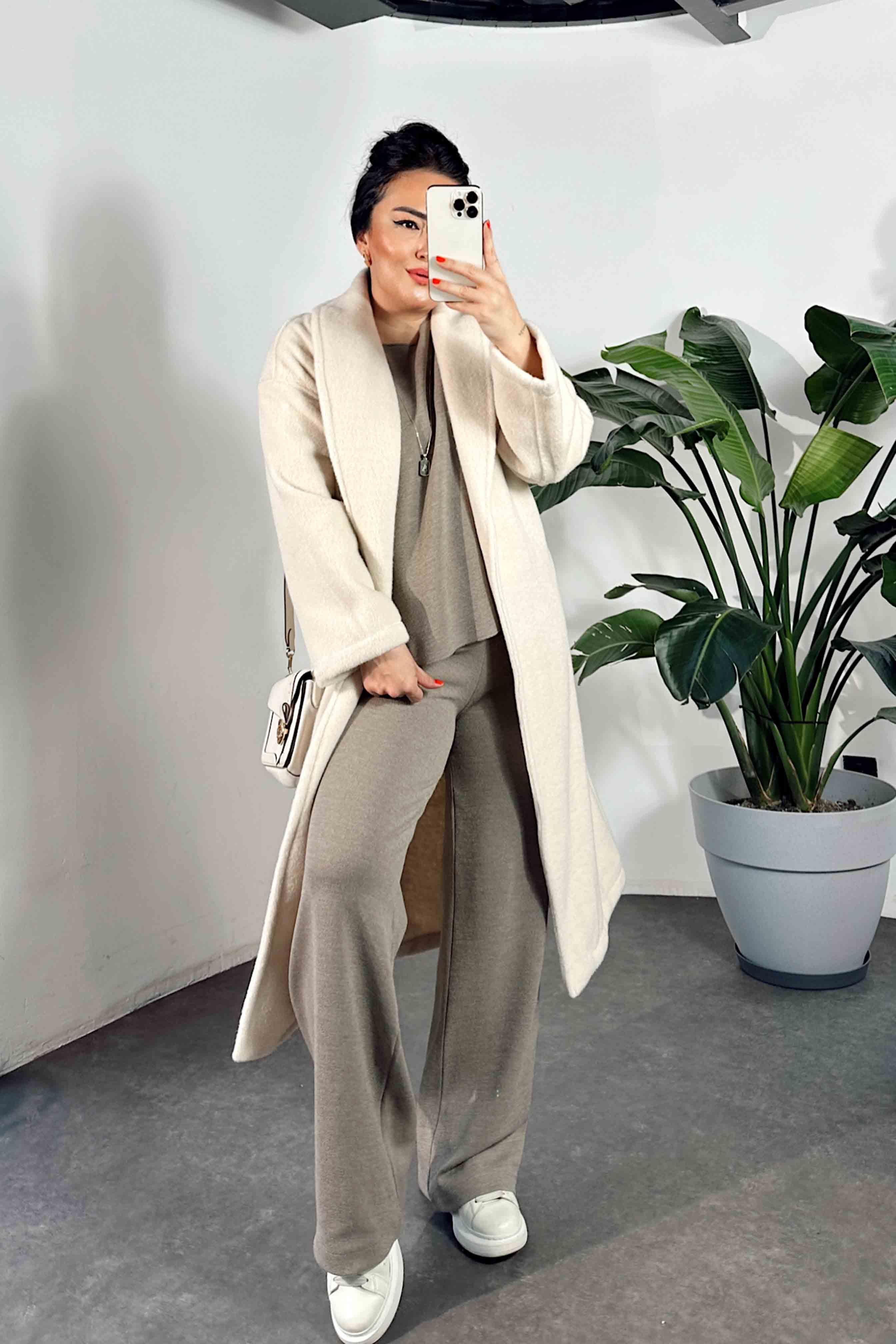 Premium Kalite Kuşaklı Basic Şal Yaka Kaban Ekru