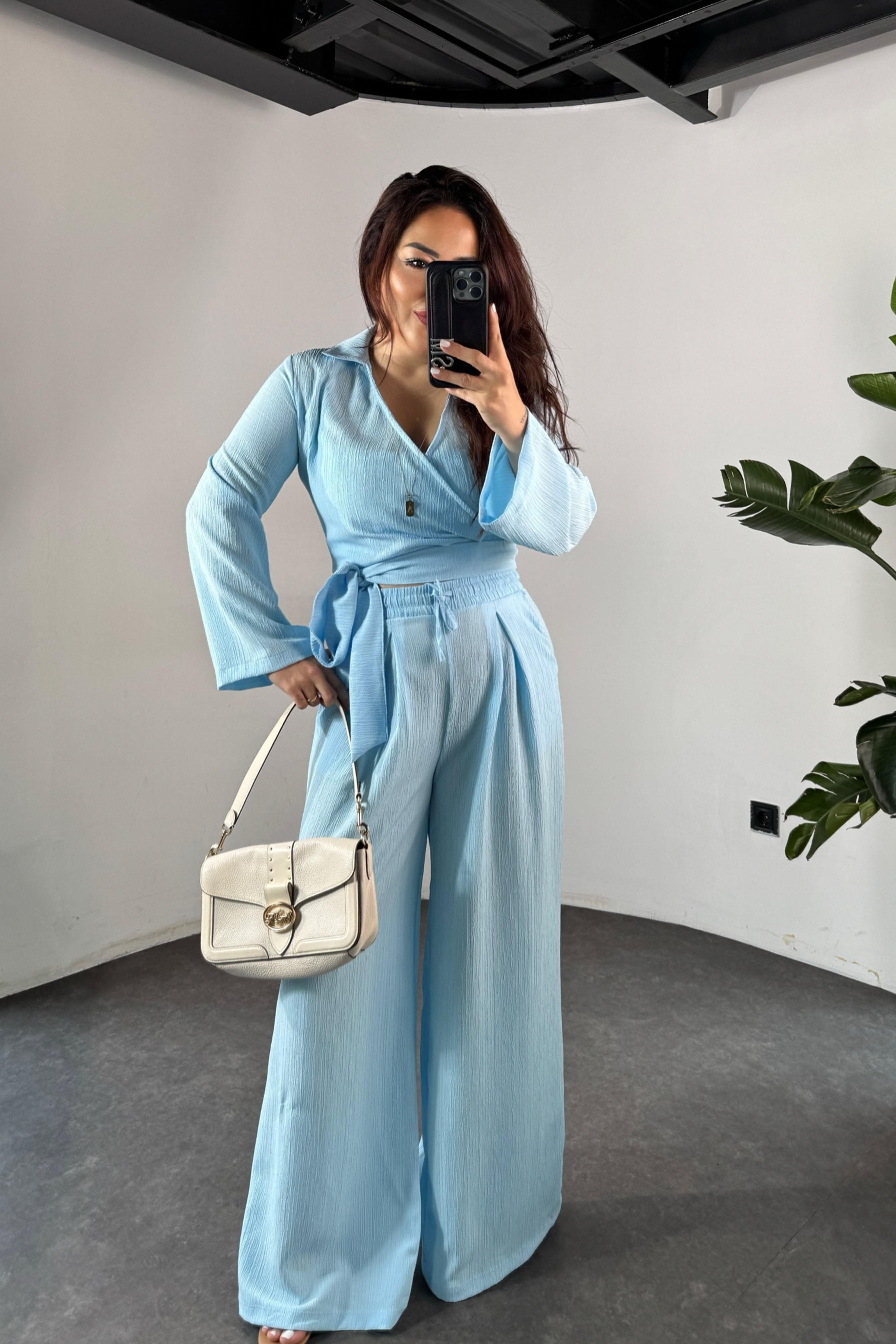 Premium Kalite Kuşaklı Salaş İkili Kadın  Takım Bebe Mavisi