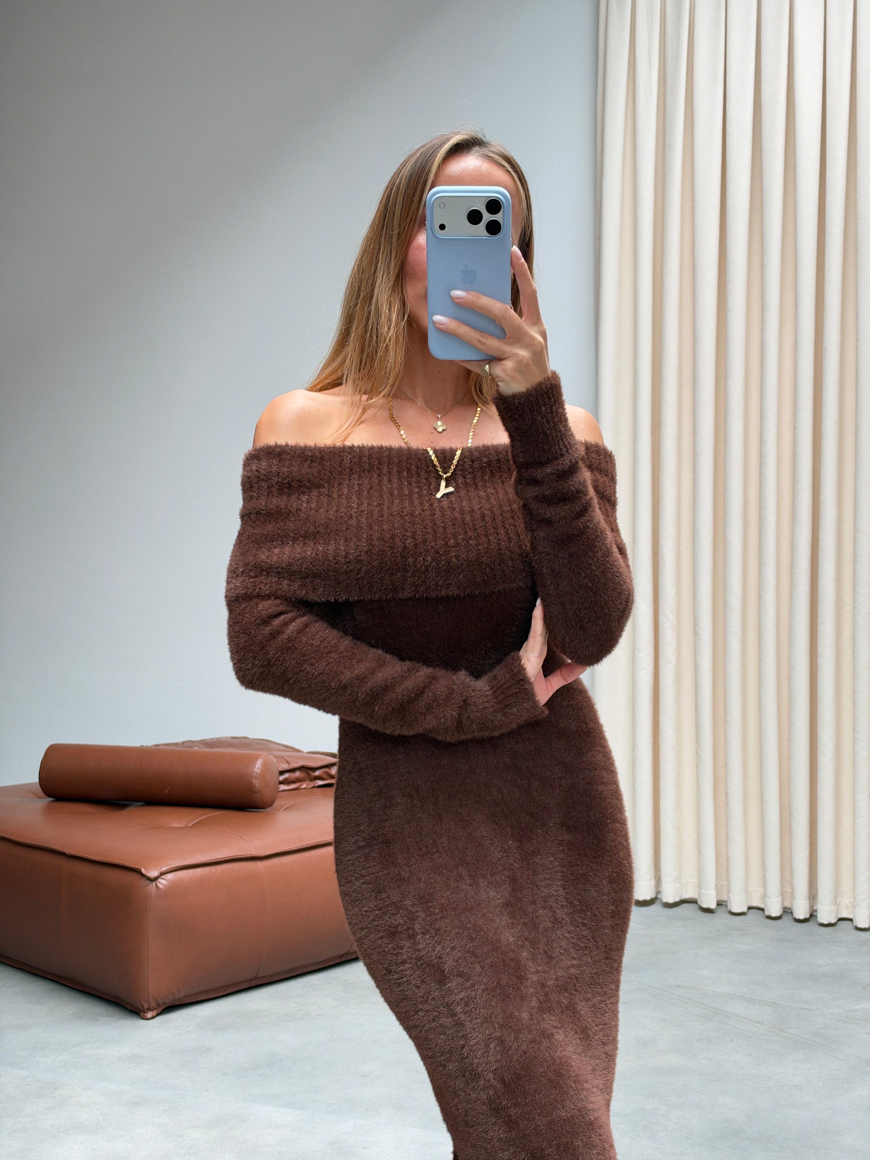Premium Kalite Madonna Yaka Triko Elbise Kahverengi