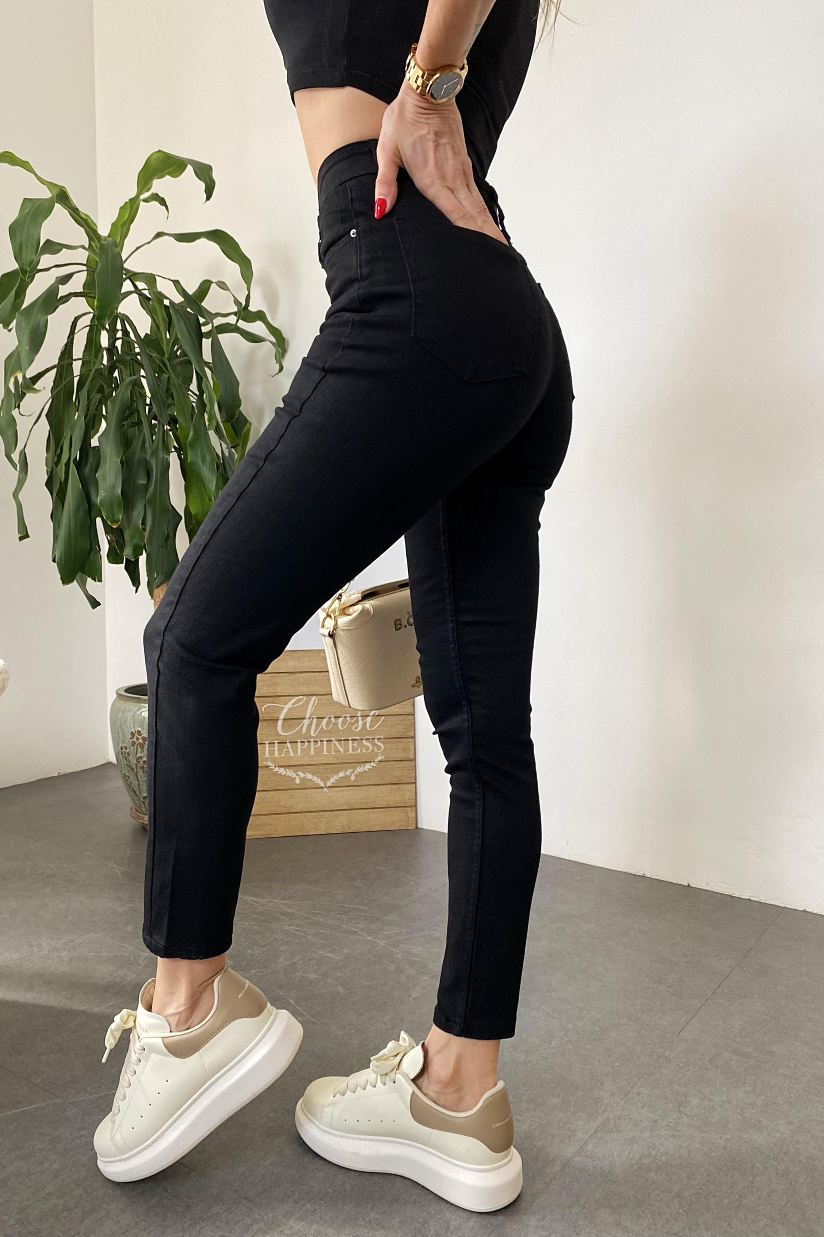 Premium Kalite Marka  Model Yüksek Bel Slim Fit Jean Pantolon Siyah