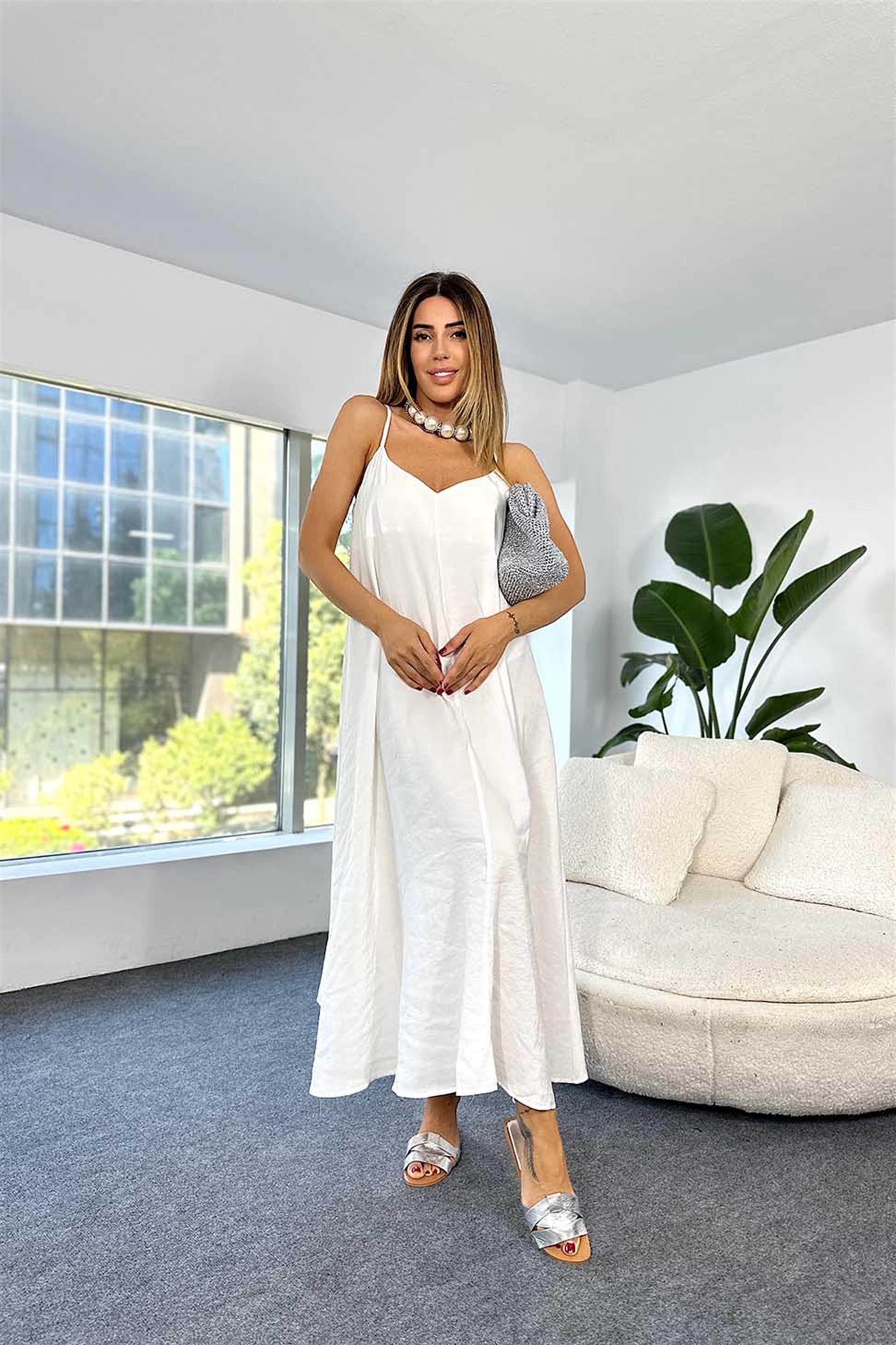 Premium Kalite Modal Kumaş Ayarlanabilir Askılı Elbise Ekru