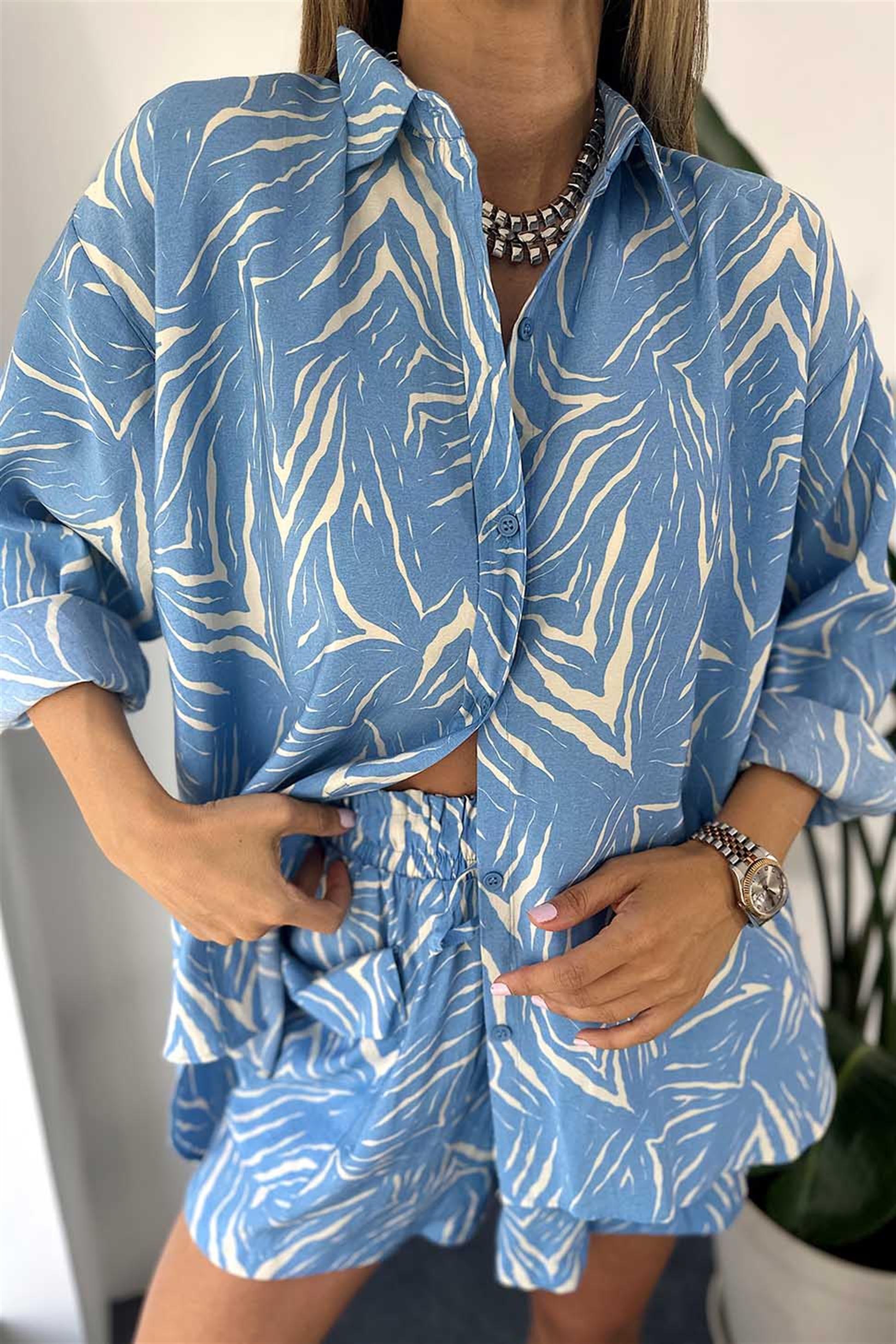 Premium Kalite Modal Kumaş Zebra Desenli Yazlık Takım Mavi