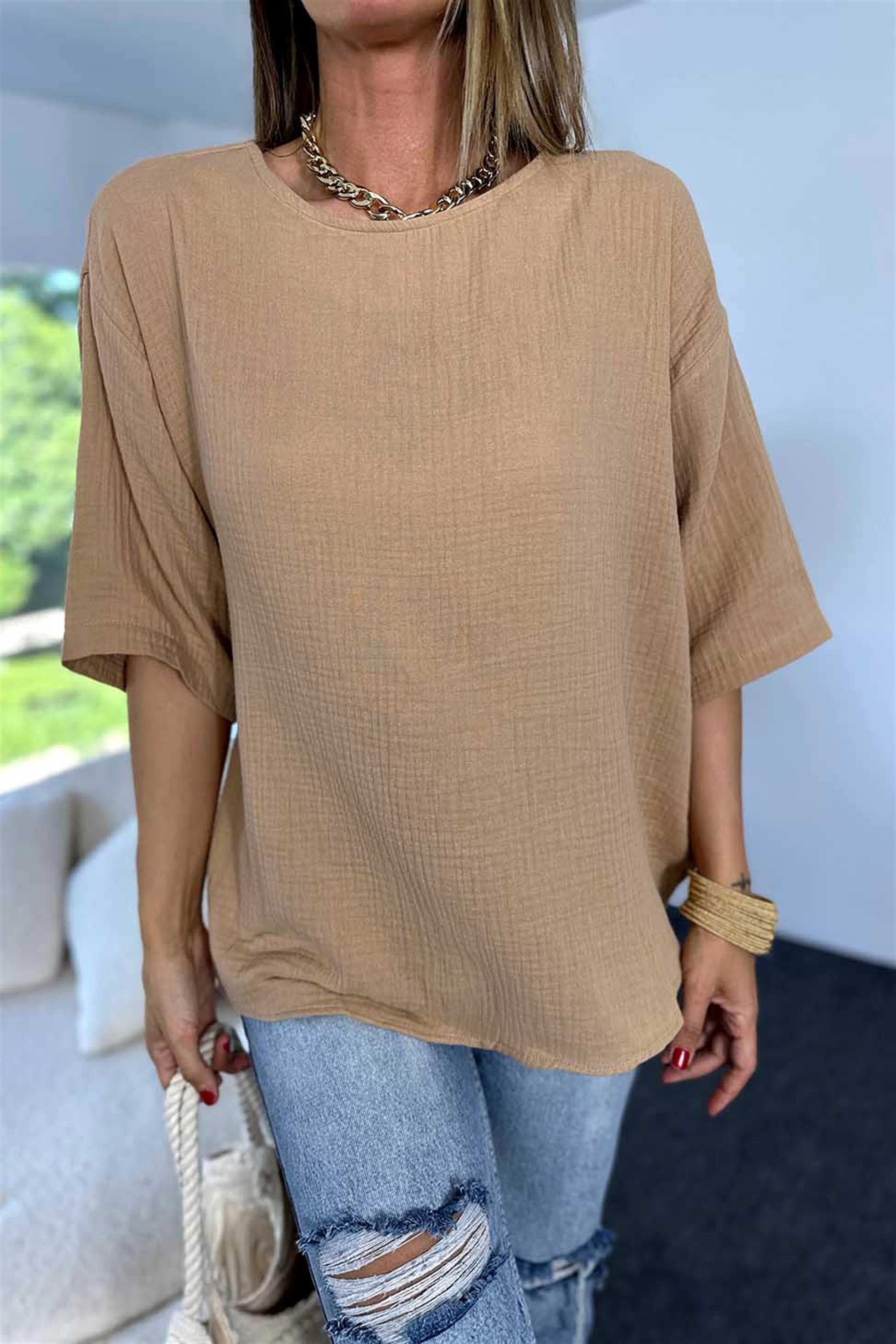 Premium Kalite Müslin Kumaş Geniş Bisiklet Yaka Bluz Camel