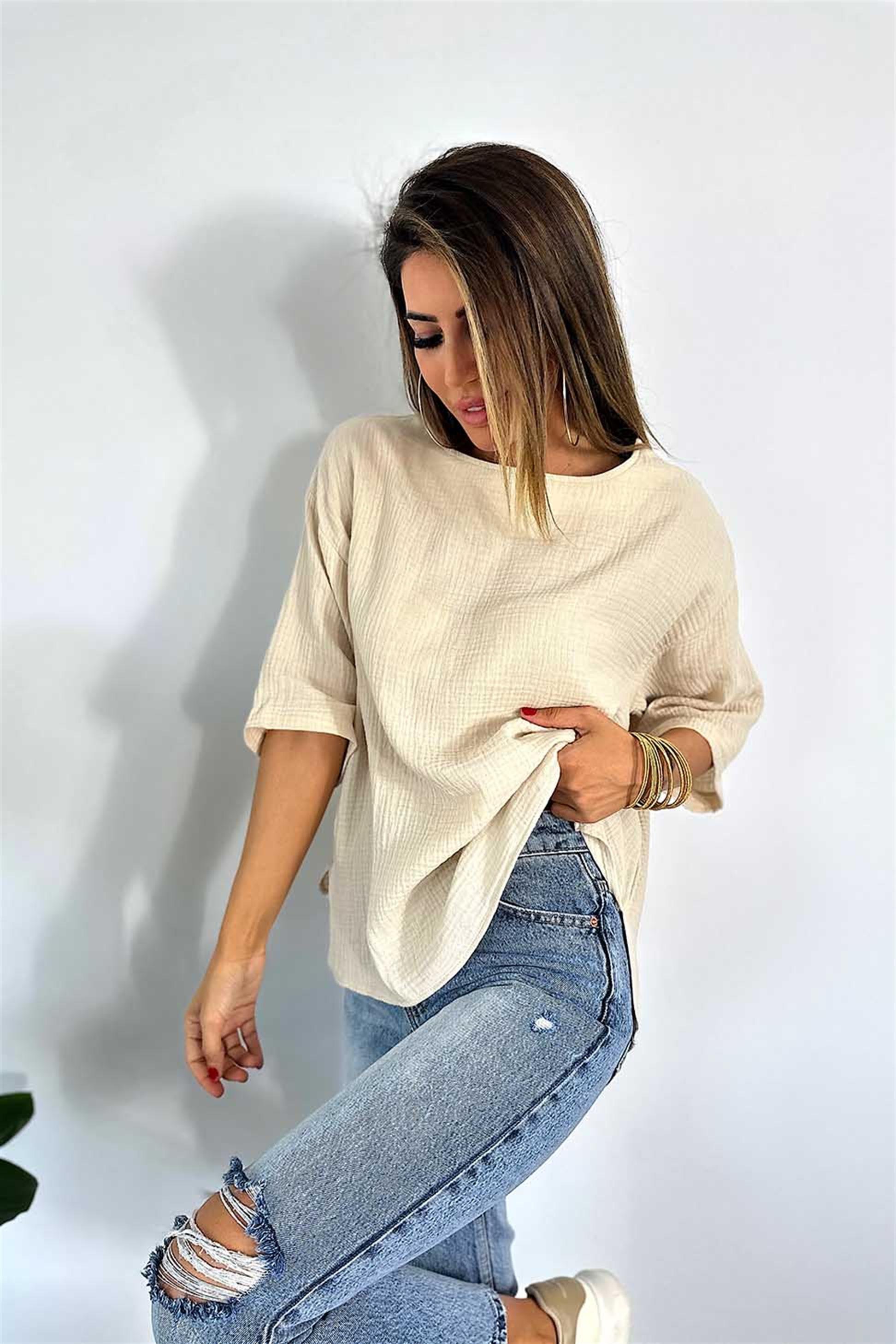 Premium Kalite Müslin Kumaş Geniş Bisiklet Yaka Bluz Taş