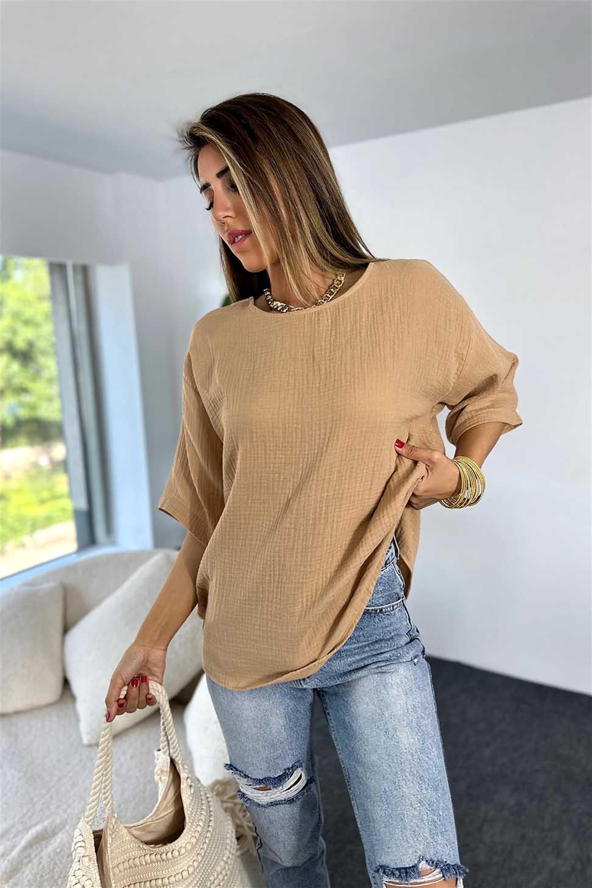 Premium Kalite Müslin Kumaş Geniş Bisiklet Yaka Bluz Camel