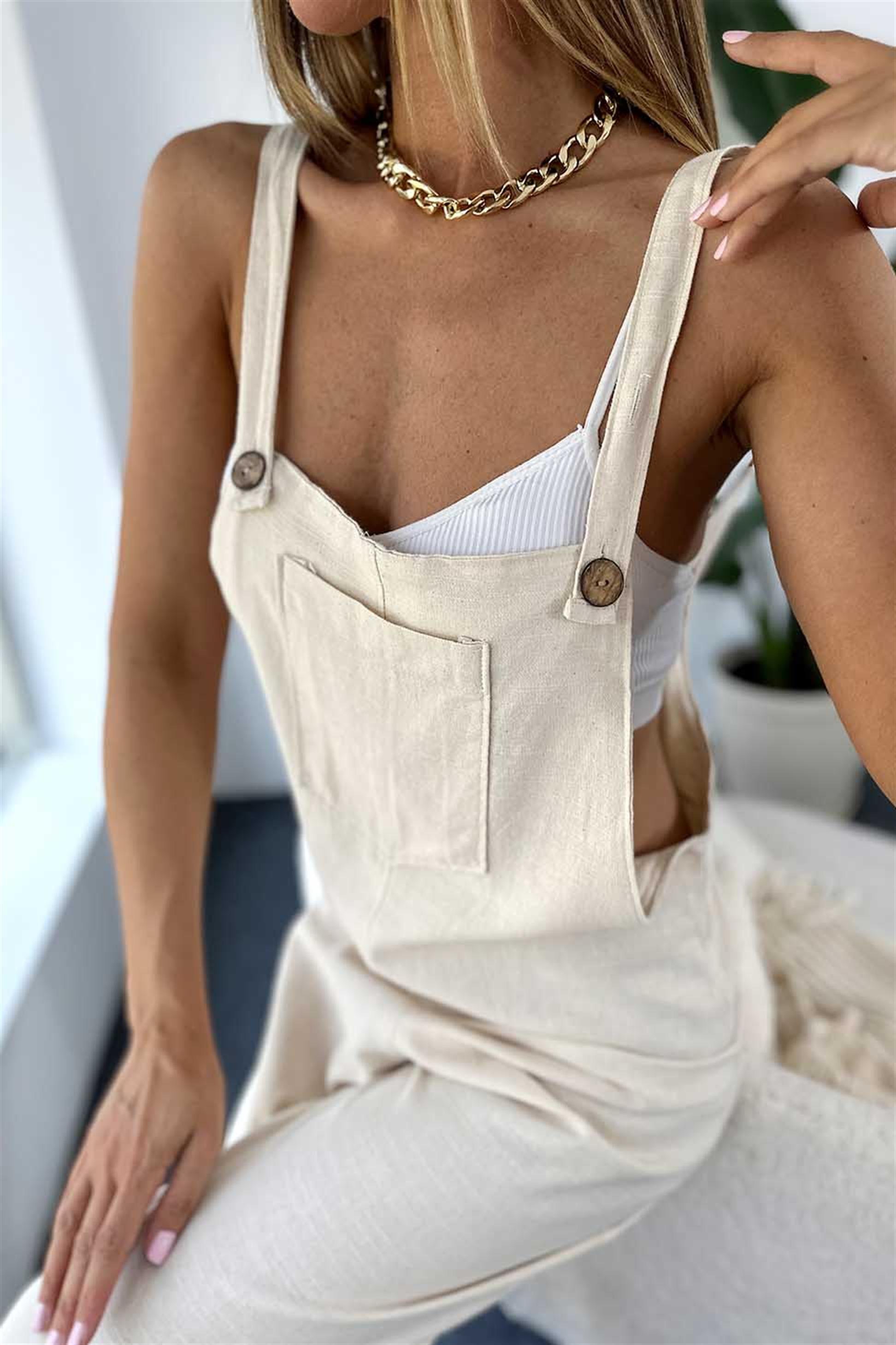 Premium Kalite Naturel Pamuklu Kumaş Askılı Tulum Taş