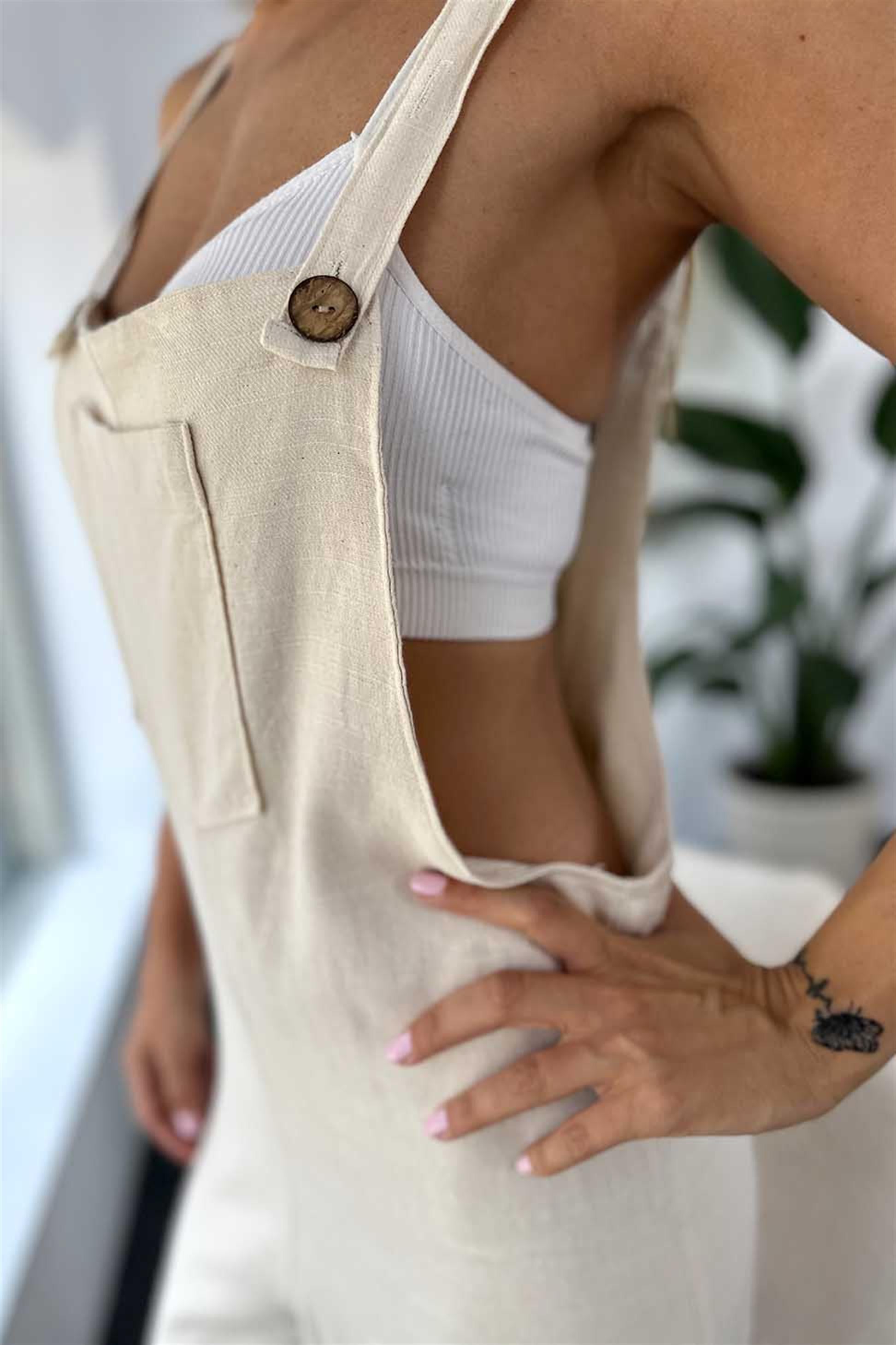 Premium Kalite Naturel Pamuklu Kumaş Askılı Tulum Taş