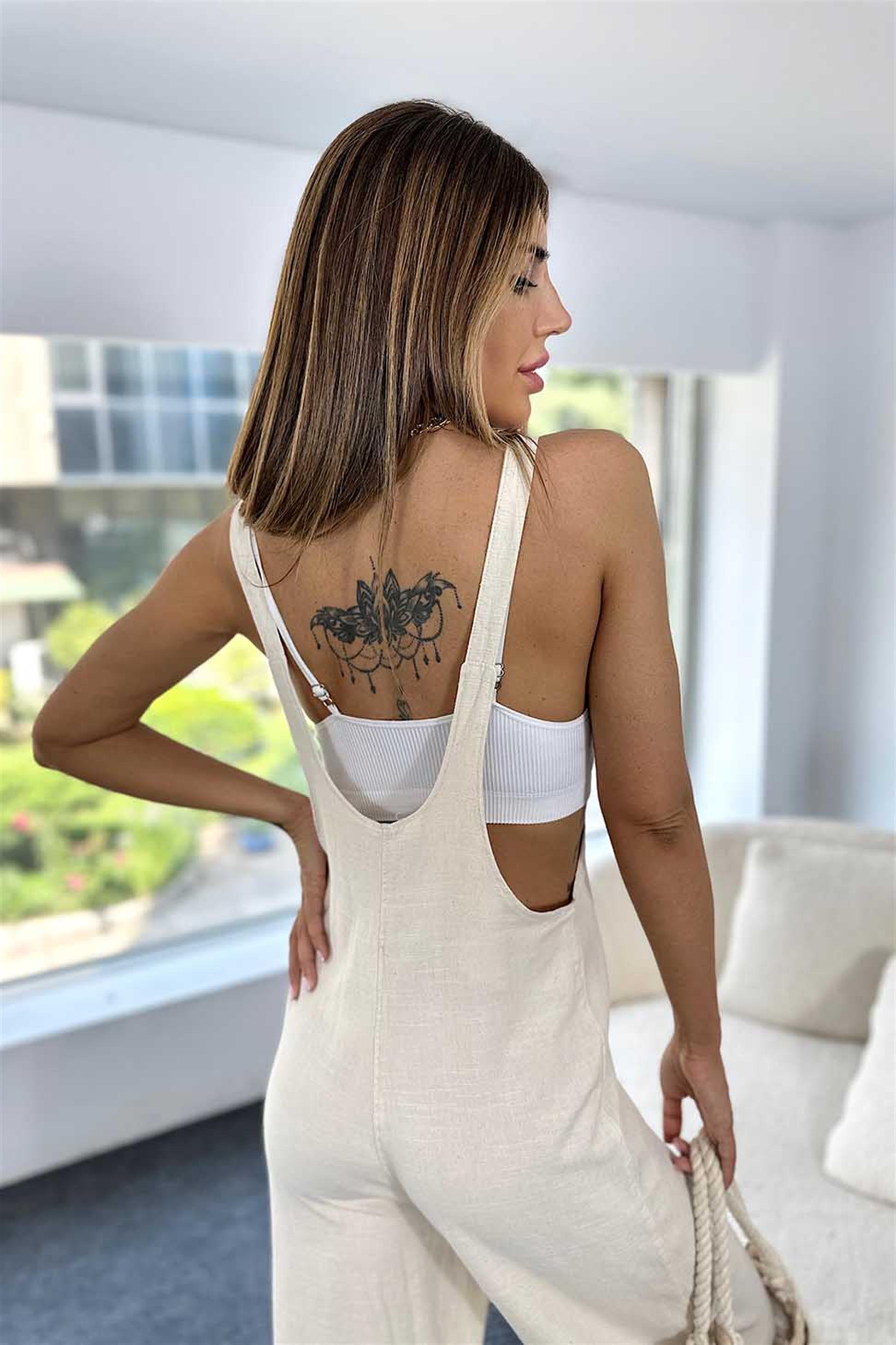 Premium Kalite Naturel Pamuklu Kumaş Askılı Tulum Taş
