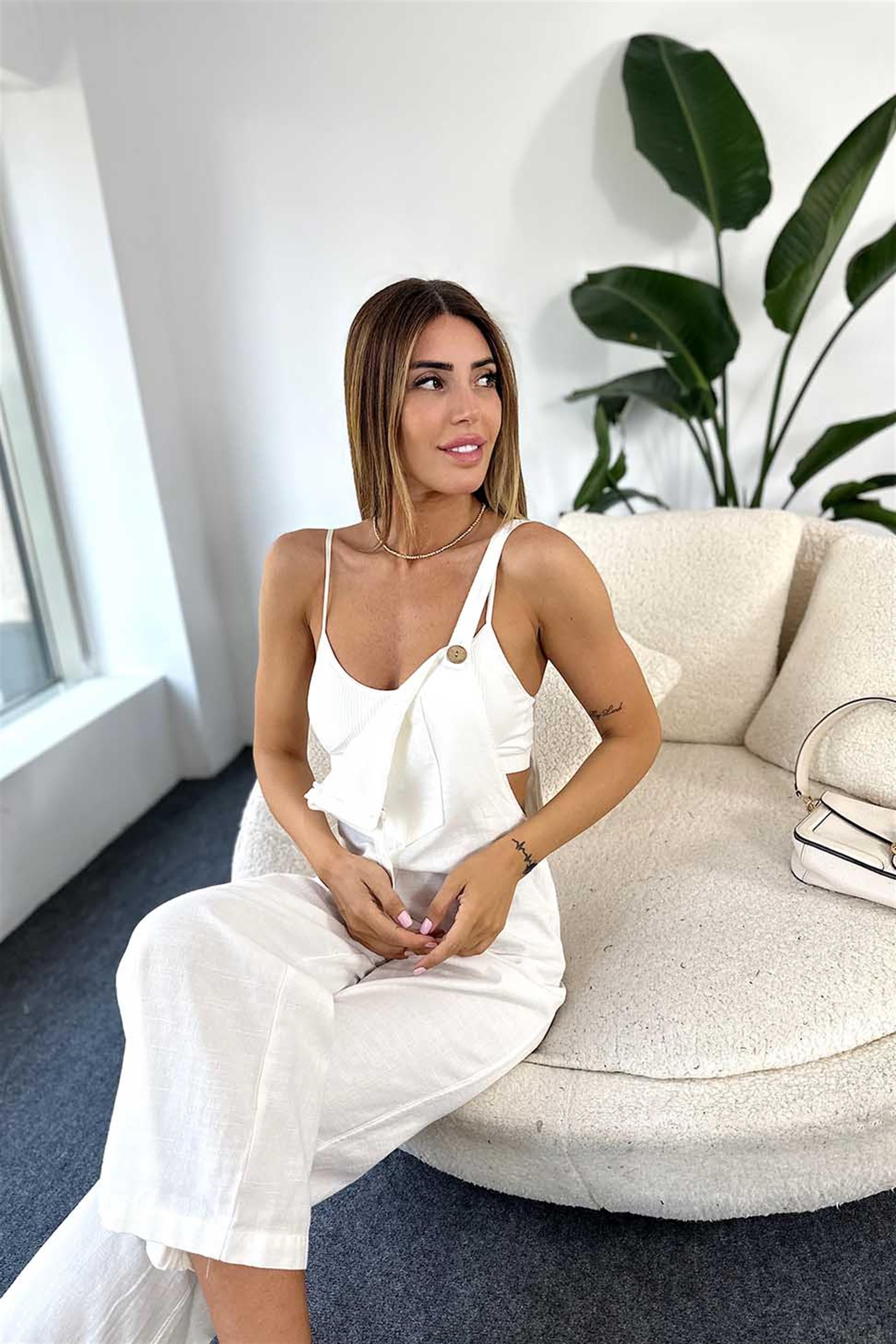 Premium Kalite Naturel Pamuklu Kumaş Askılı Tulum Beyaz