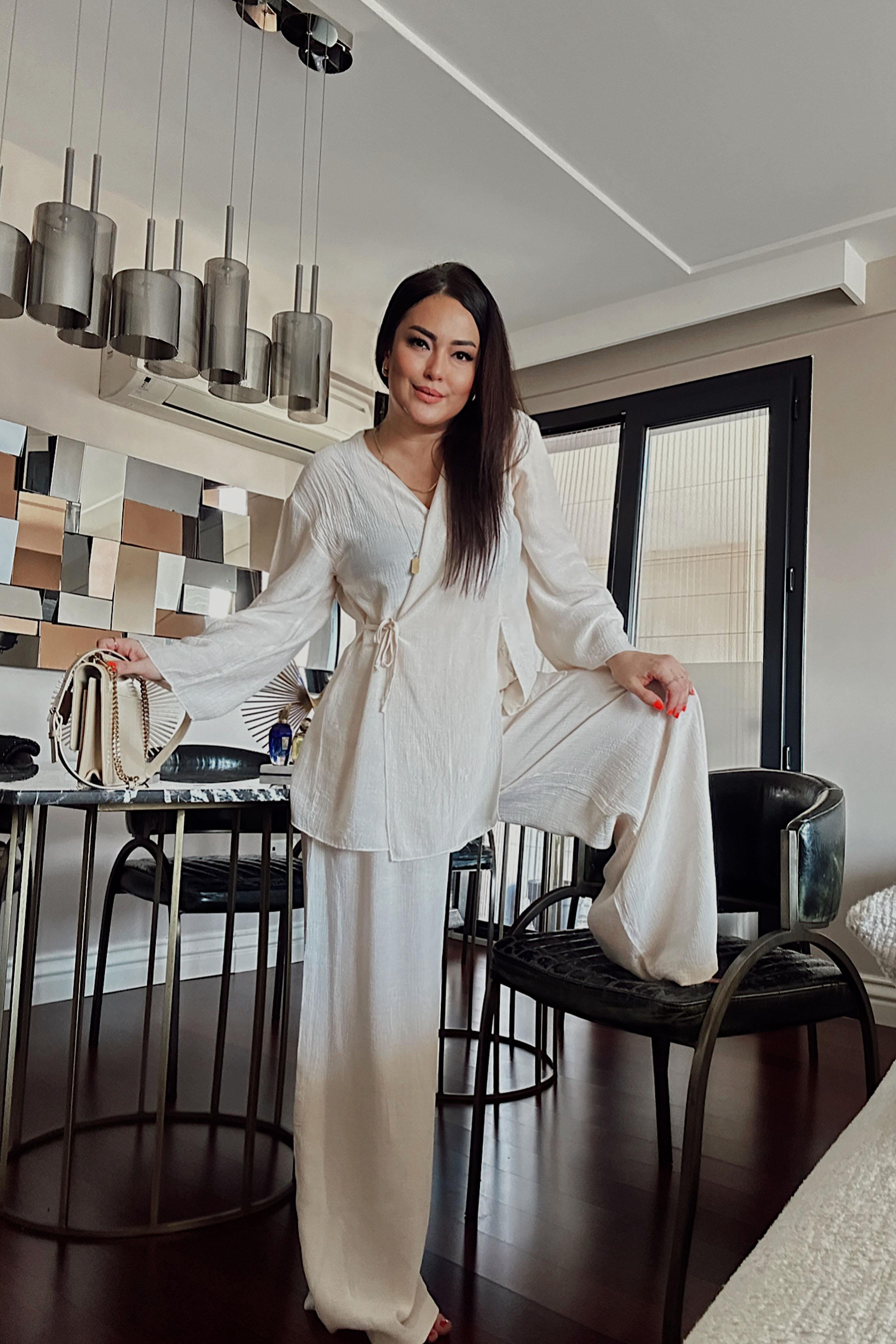 Premium Kalite Önden Bağlamalı Kimono Takım İnci Tozu