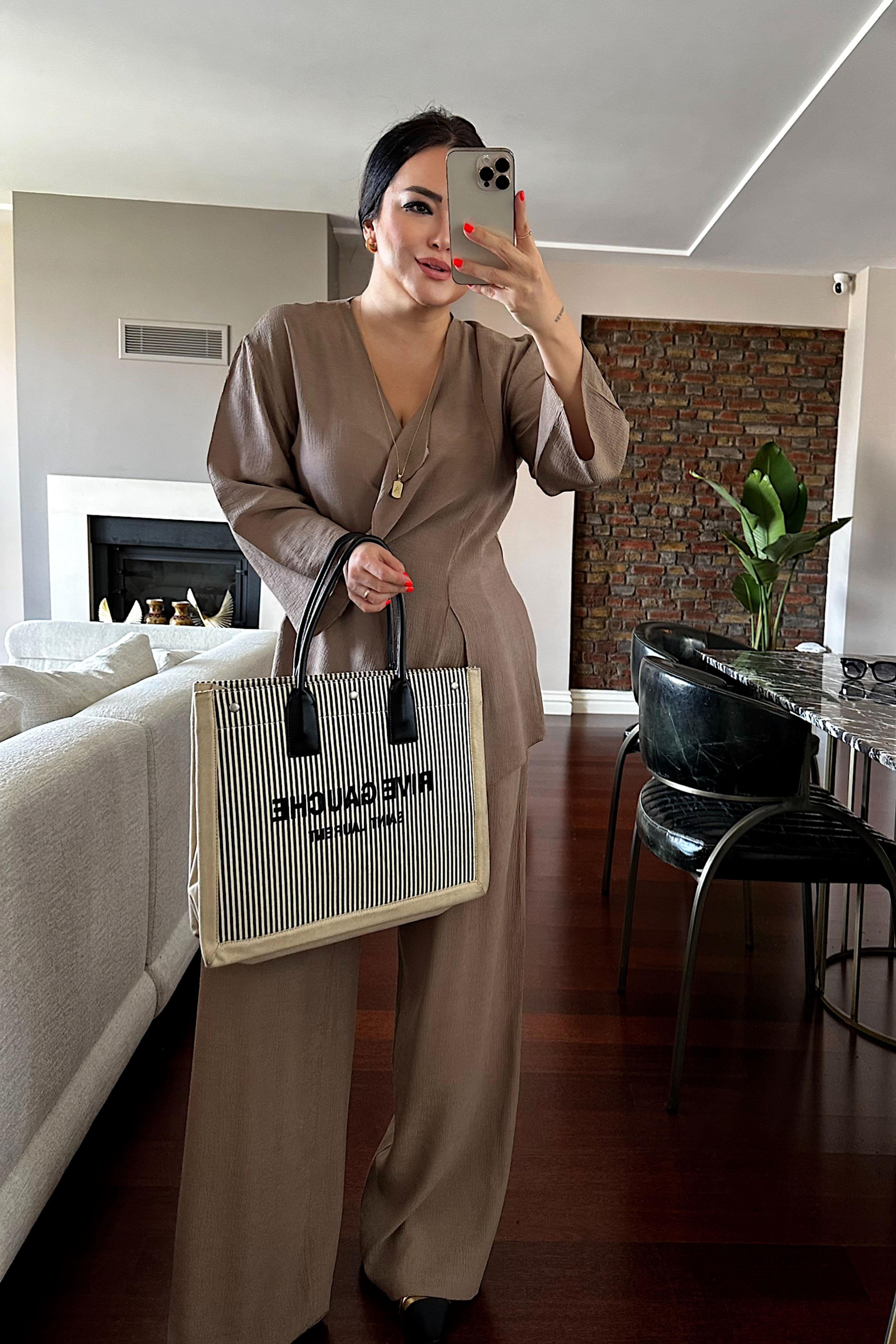 Premium Kalite Önden Bağlamalı Kimono Takım Vizon
