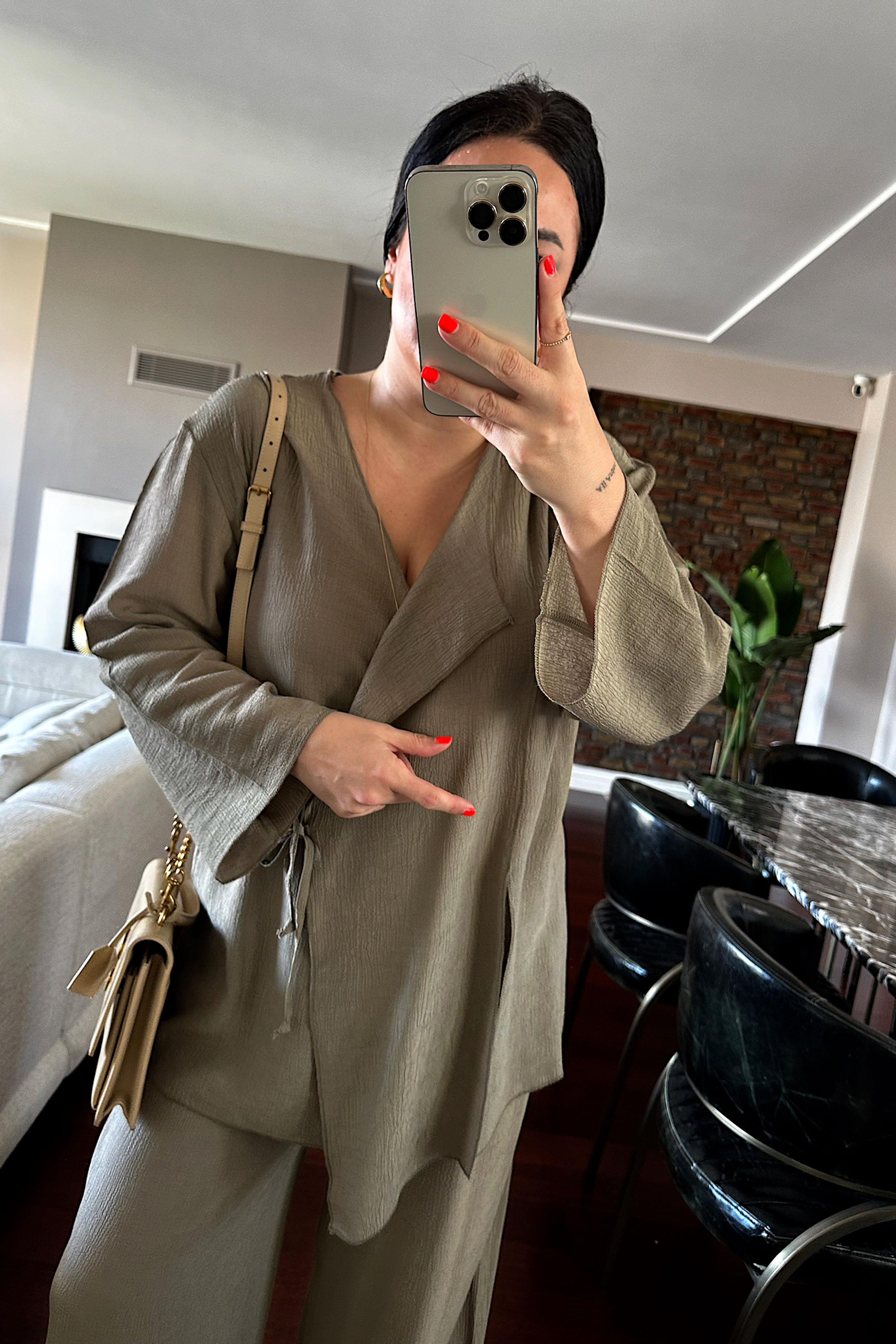 Premium Kalite Önden Bağlamalı Kimono Takım Haki