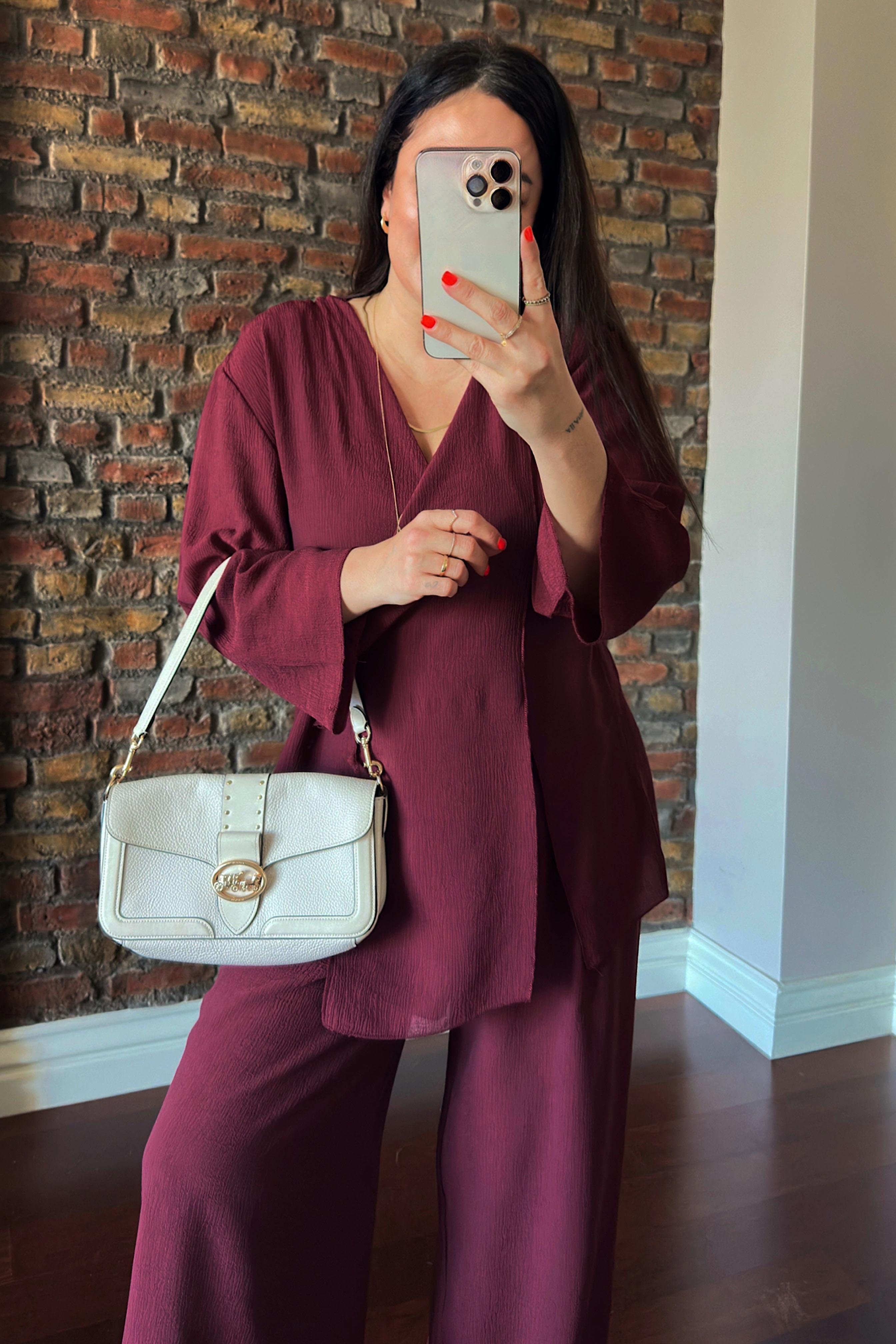 Premium Kalite Önden Bağlamalı Kimono Takım Bordo