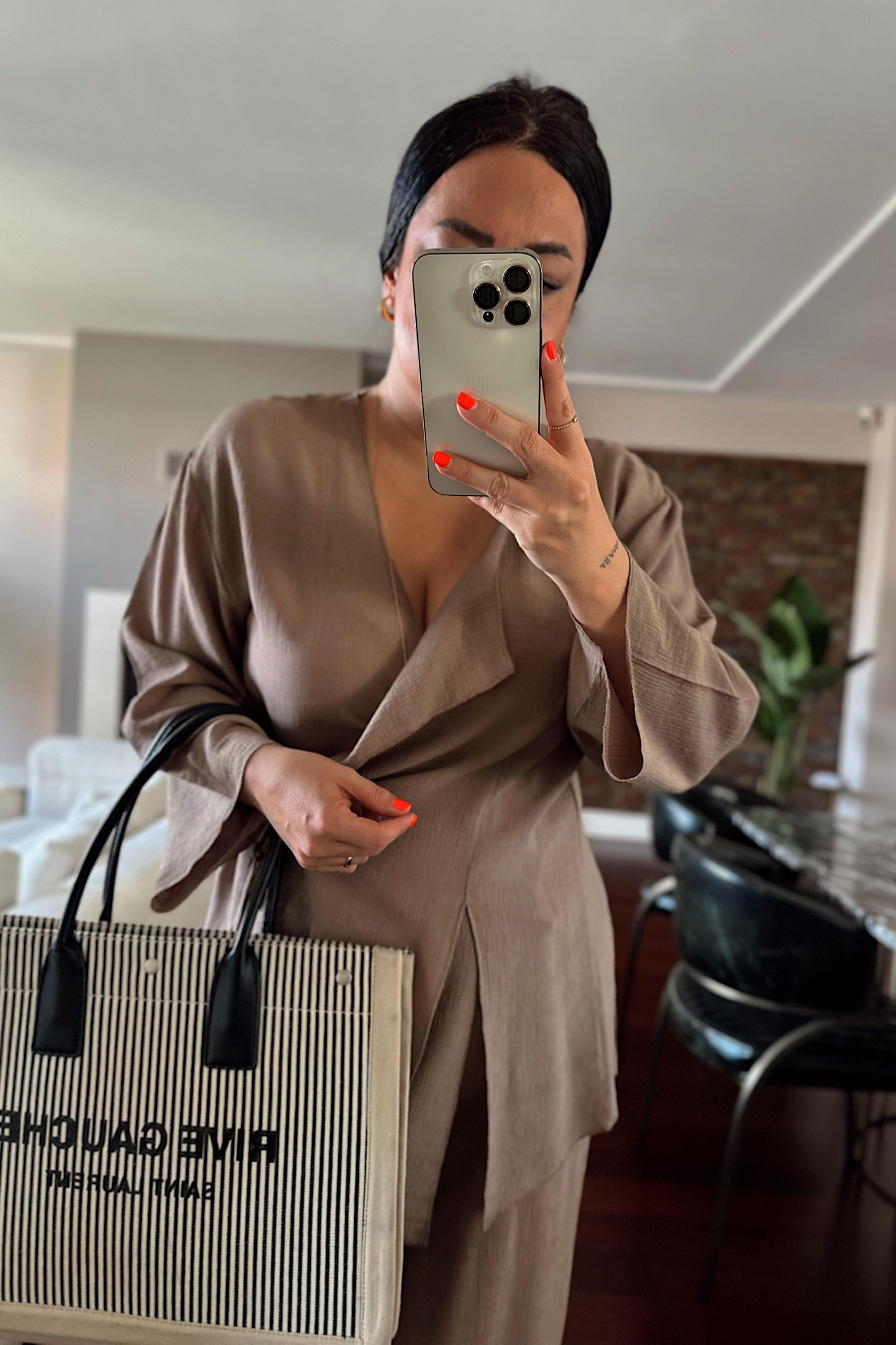 Premium Kalite Önden Bağlamalı Kimono Takım Vizon