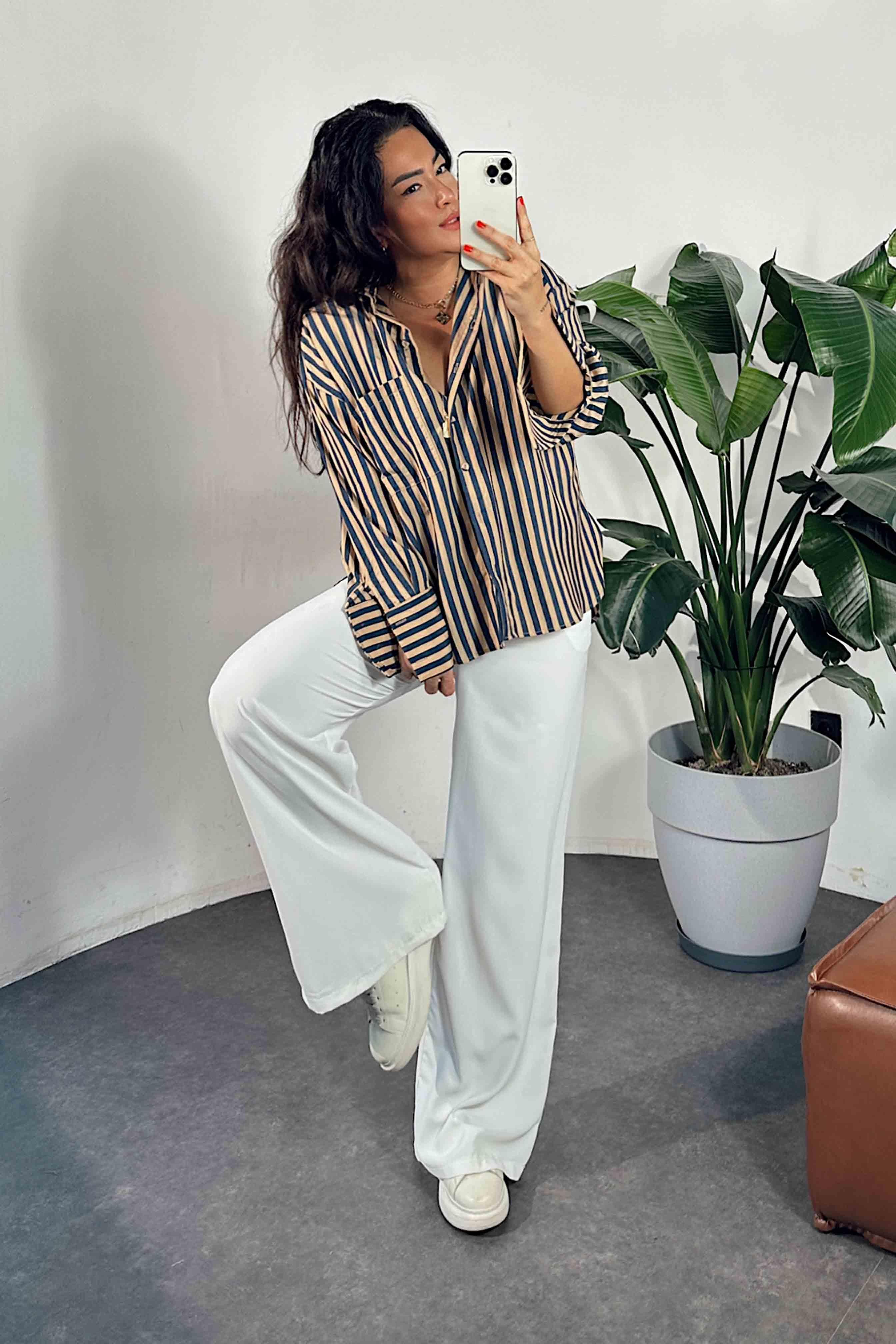 Premium Kalite Oversize Çizgili Gömlek Lacivert