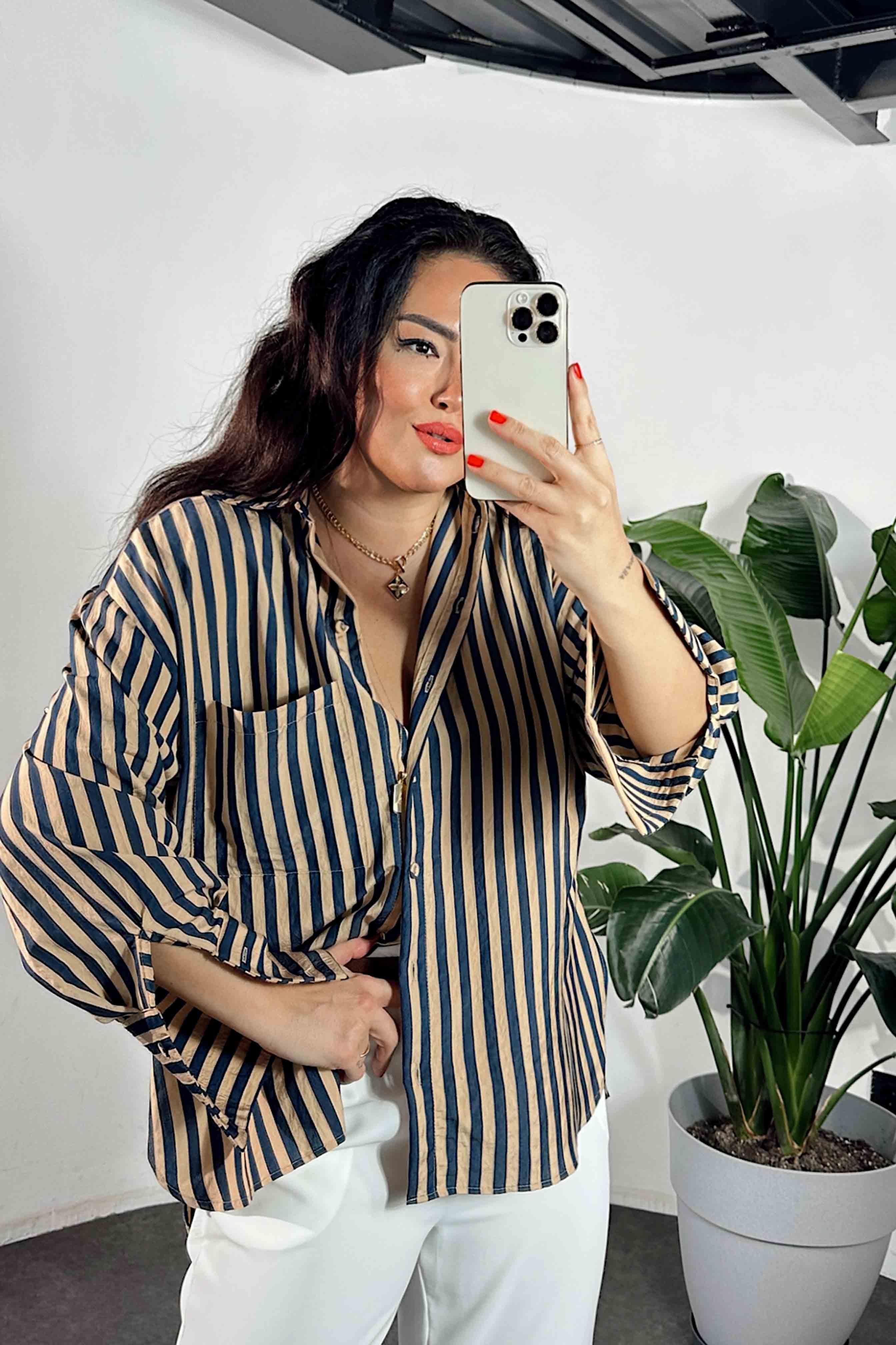 Premium Kalite Oversize Çizgili Gömlek Lacivert
