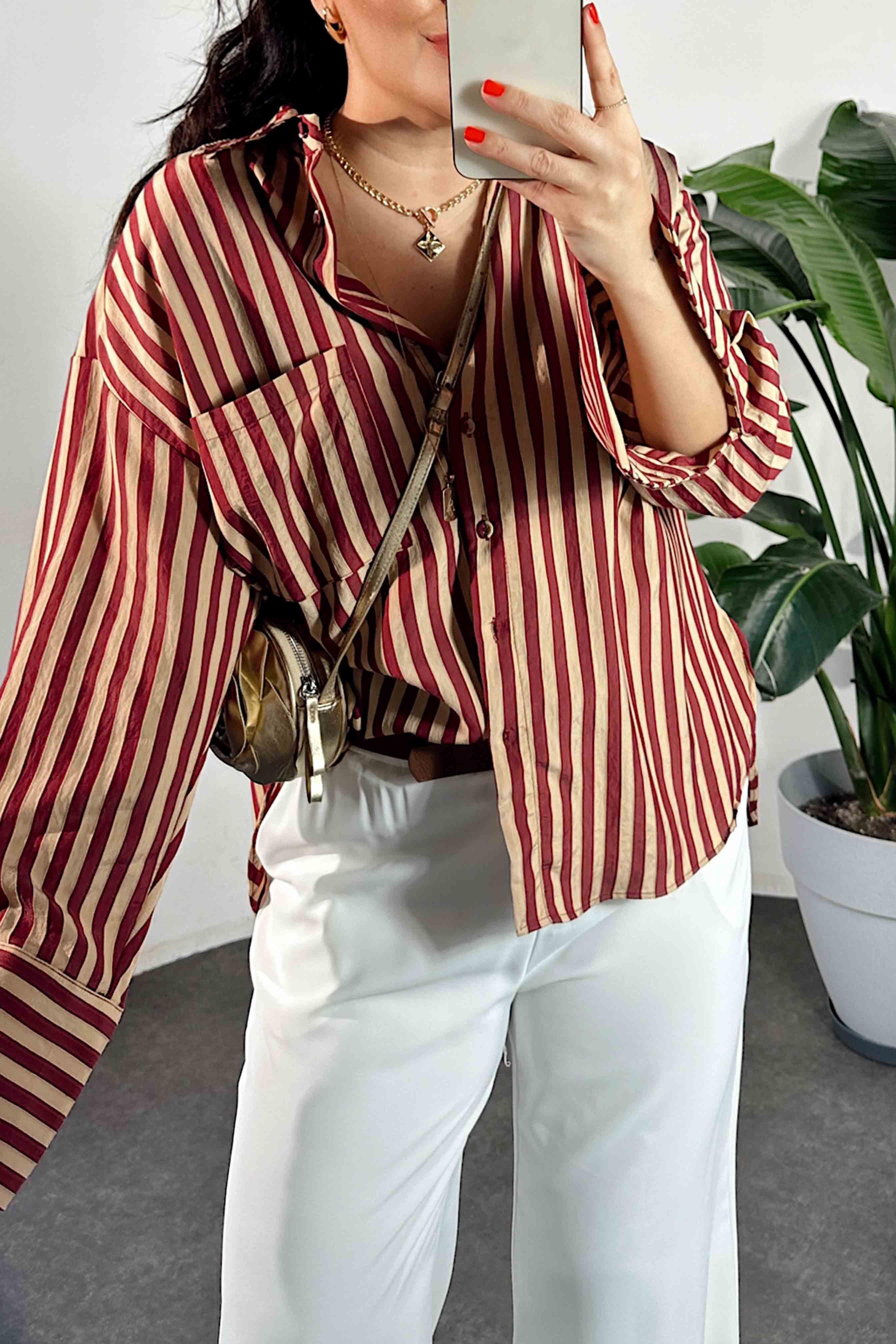 Premium Kalite Oversize Çizgili Gömlek Bordo