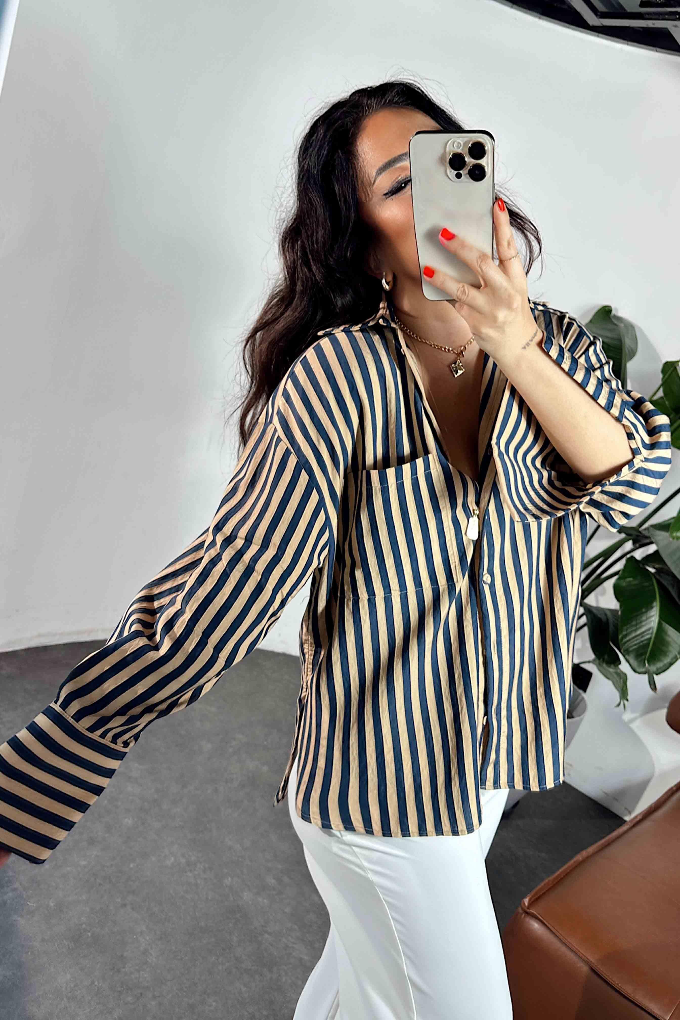 Premium Kalite Oversize Çizgili Gömlek Lacivert