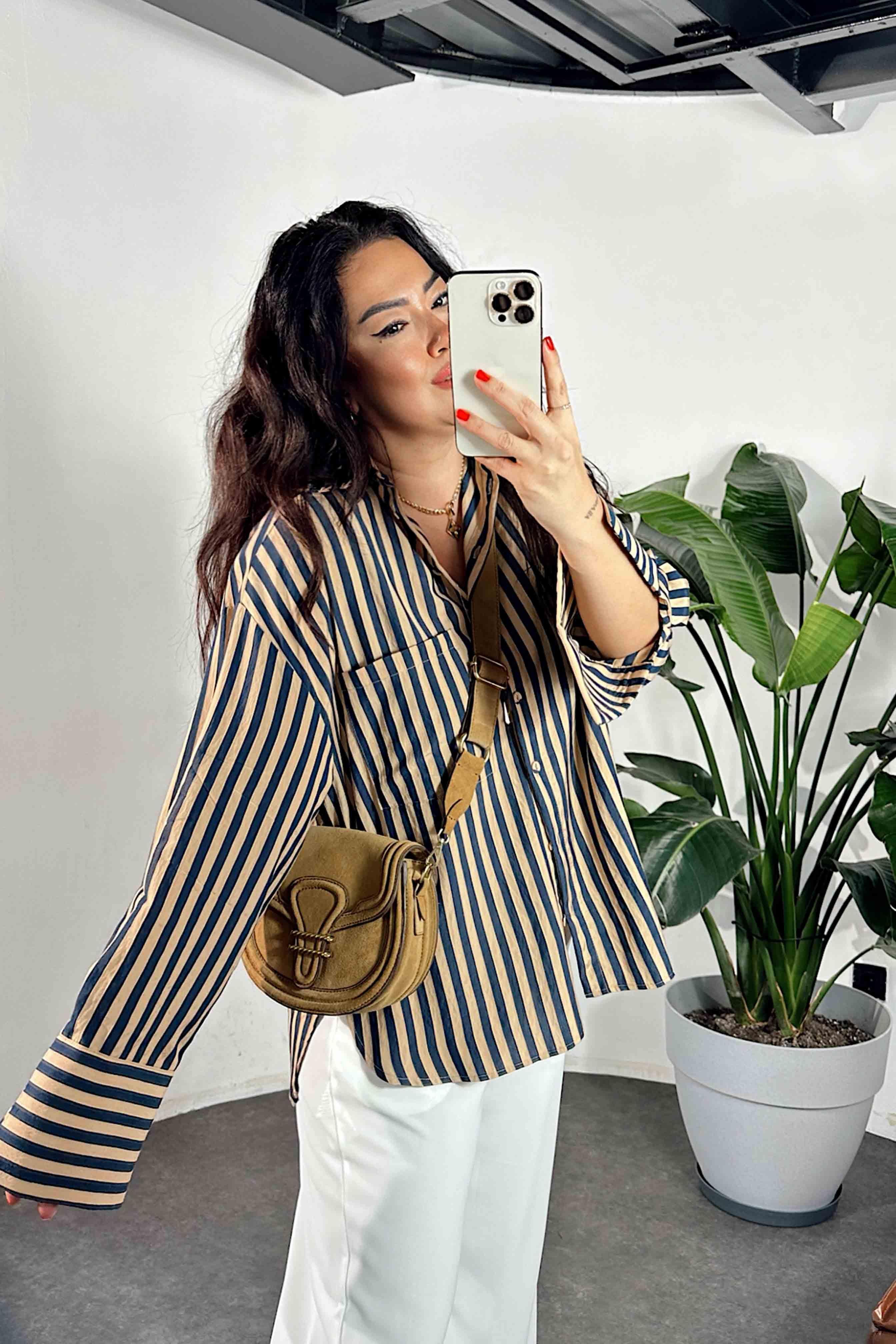 Premium Kalite Oversize Çizgili Gömlek Lacivert