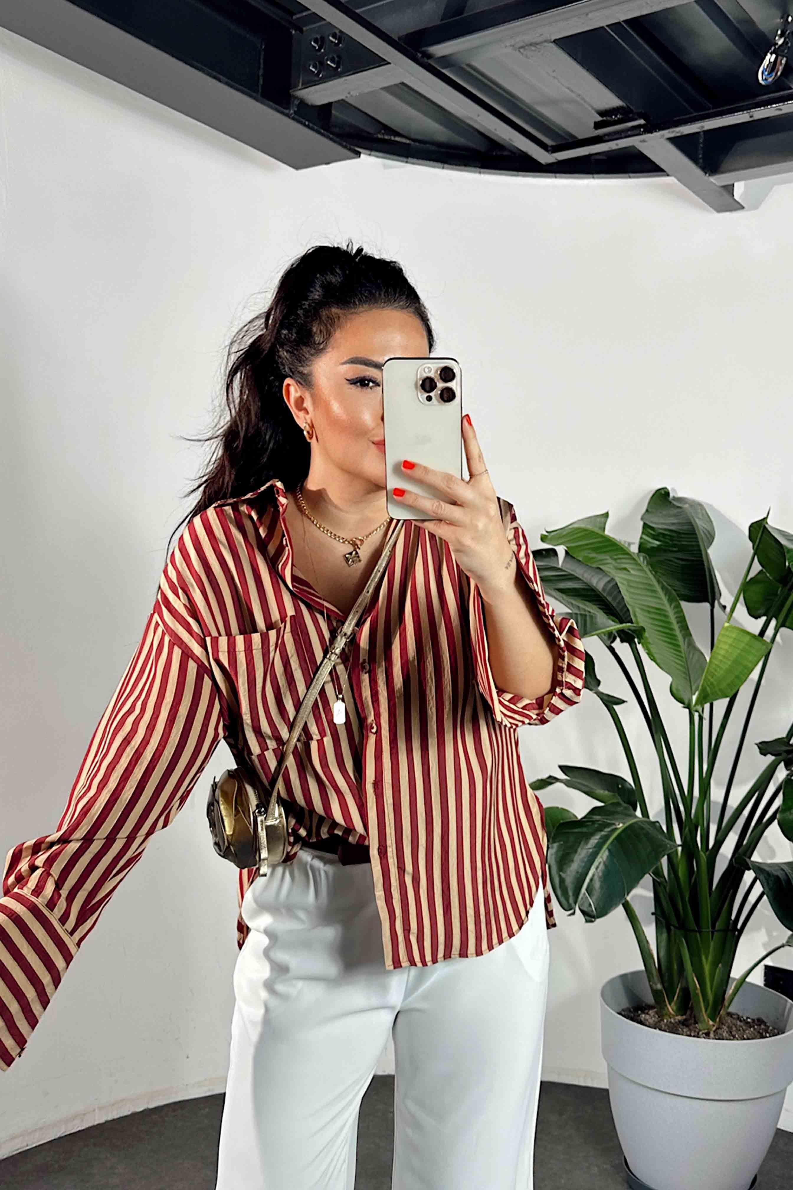 Premium Kalite Oversize Çizgili Gömlek Bordo