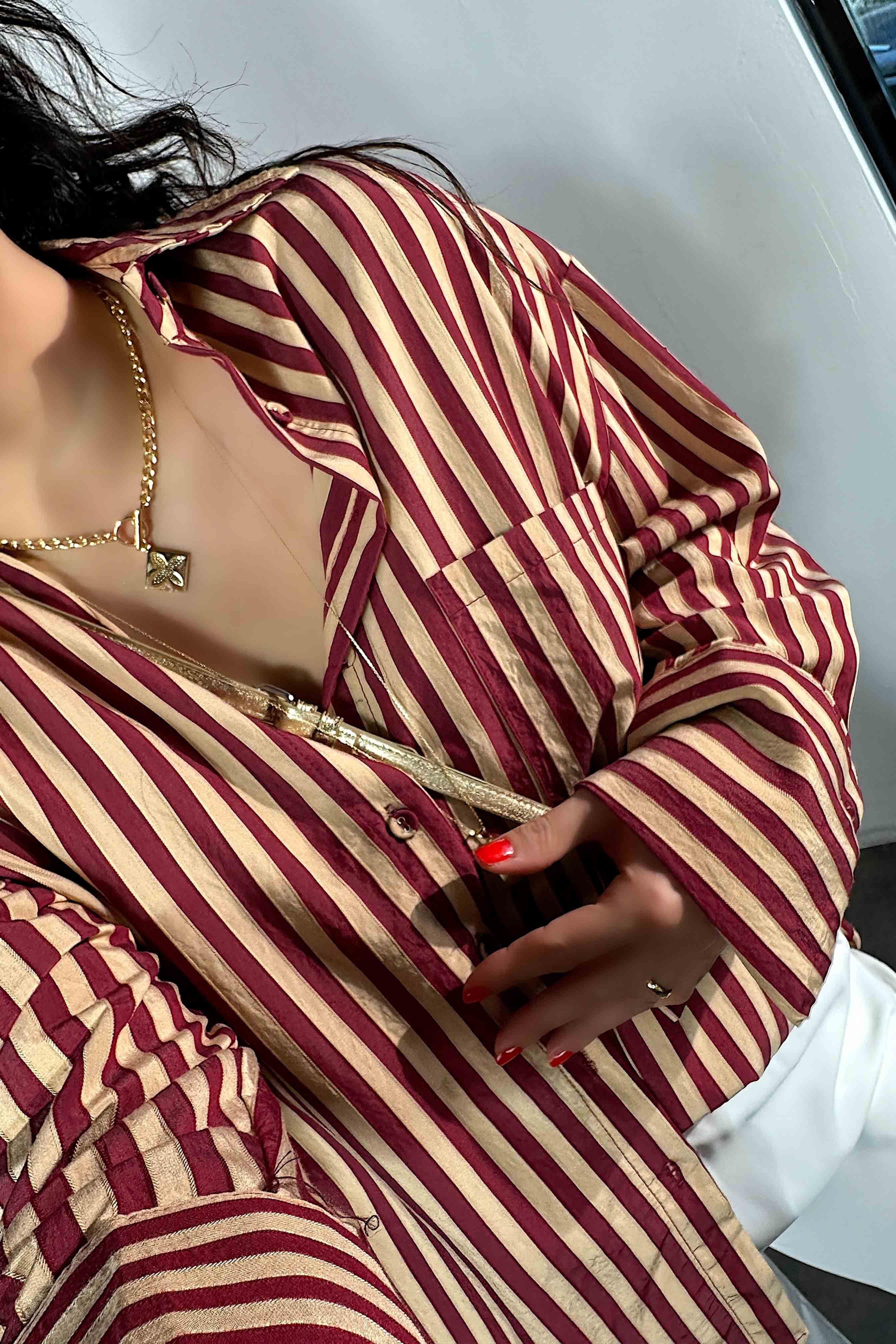 Premium Kalite Oversize Çizgili Gömlek Bordo