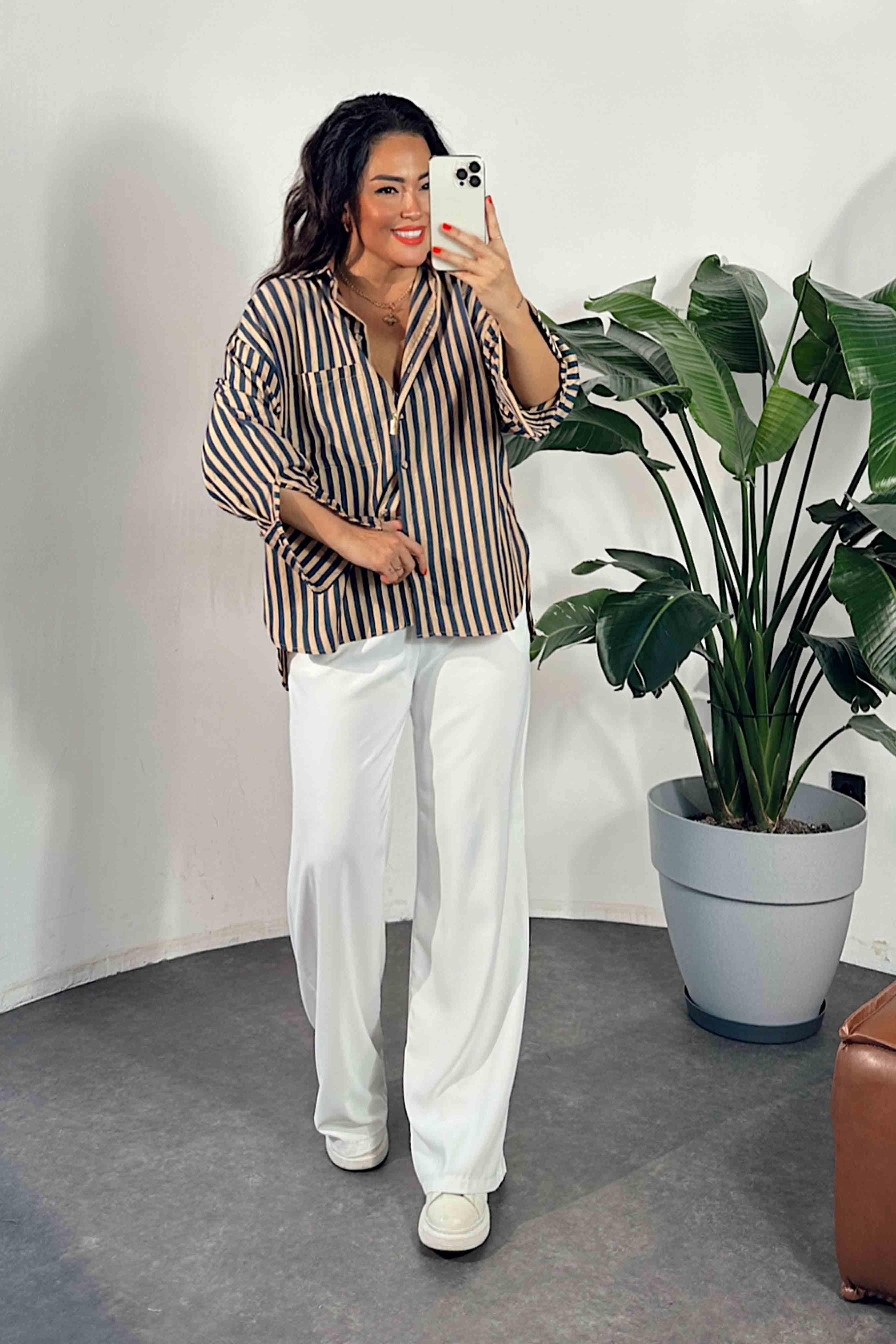 Premium Kalite Oversize Çizgili Gömlek Lacivert