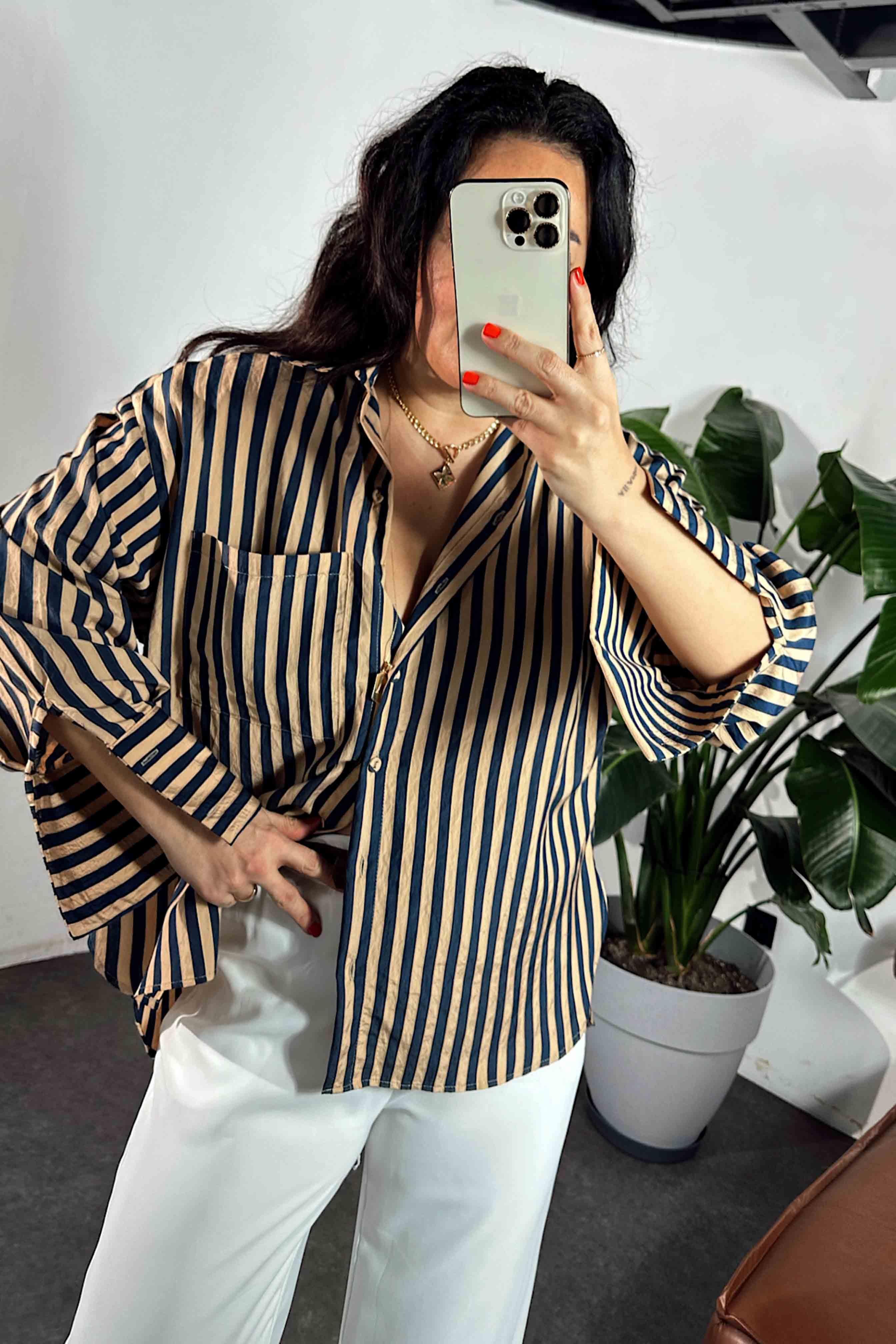Premium Kalite Oversize Çizgili Gömlek Lacivert