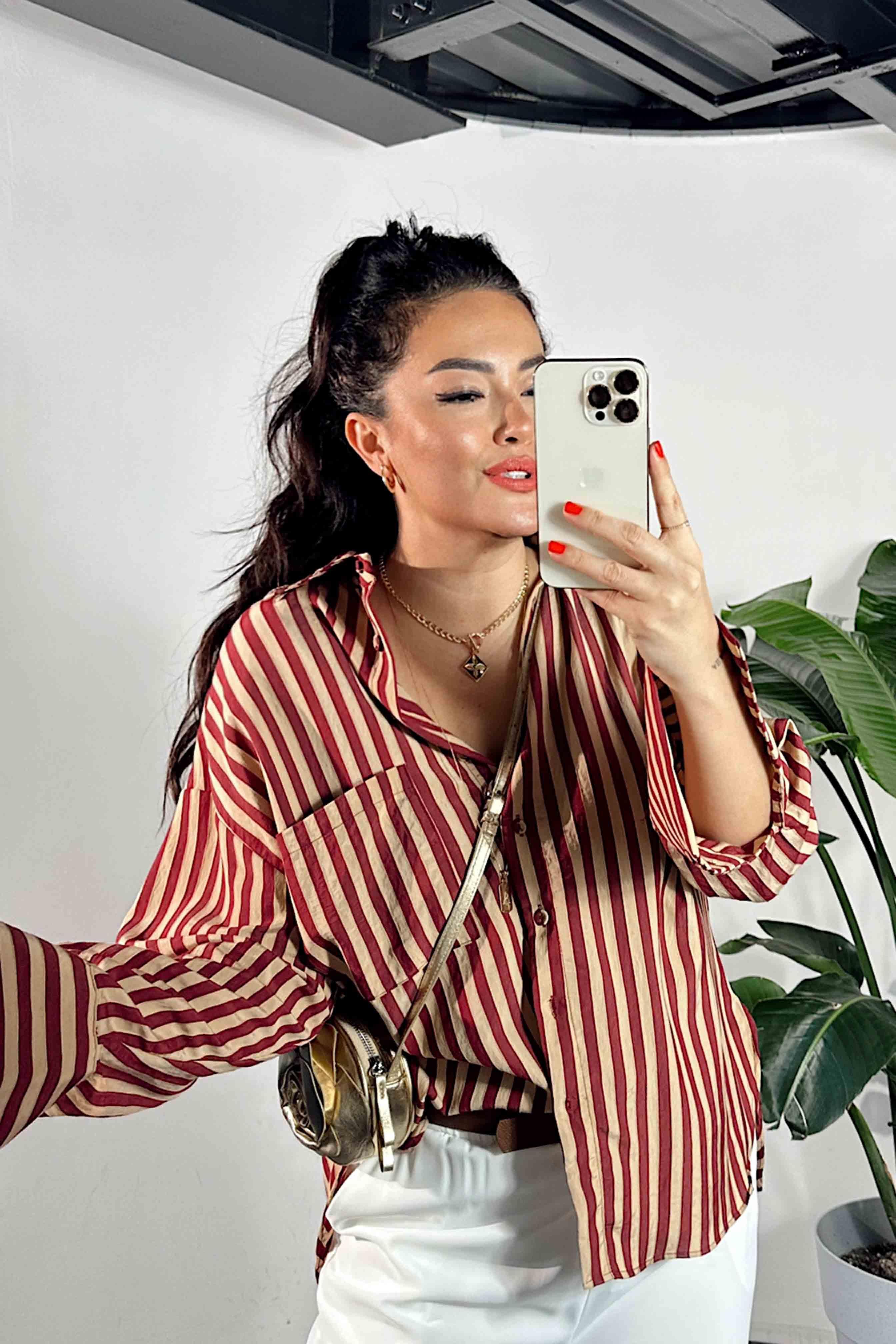 Premium Kalite Oversize Çizgili Gömlek Bordo