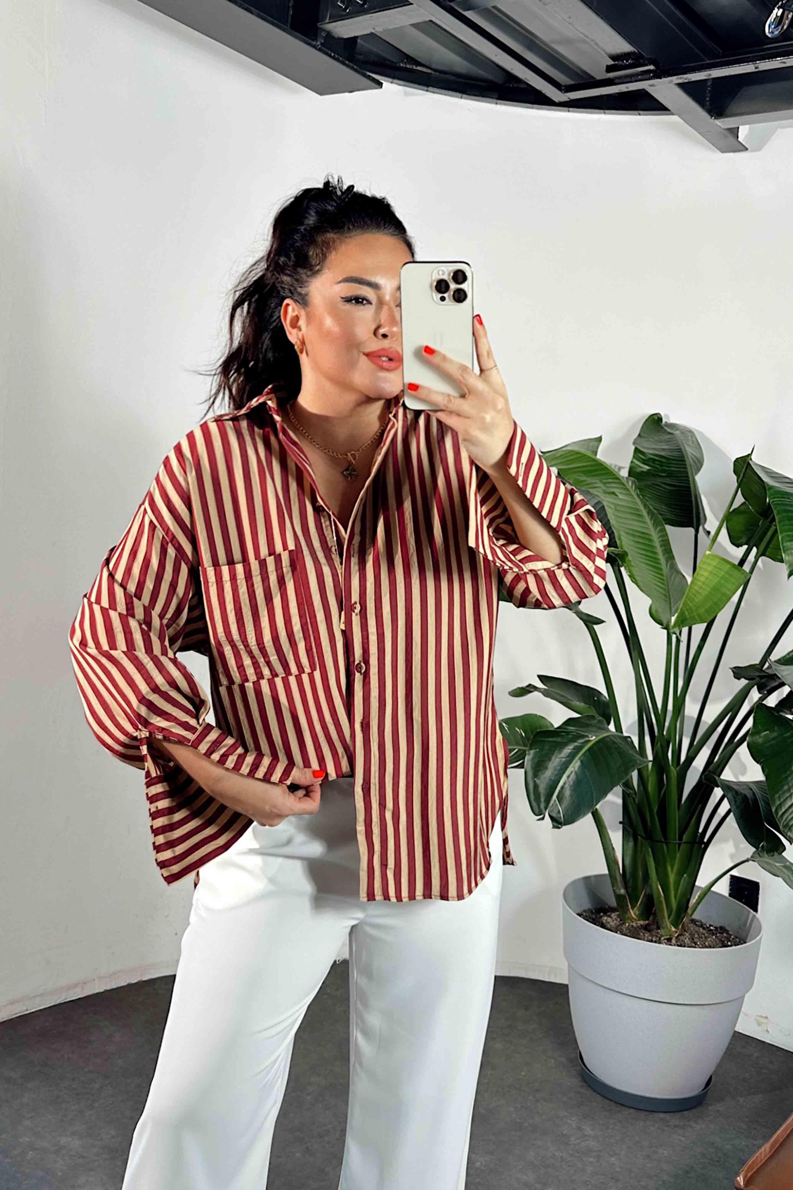 Premium Kalite Oversize Çizgili Gömlek Bordo