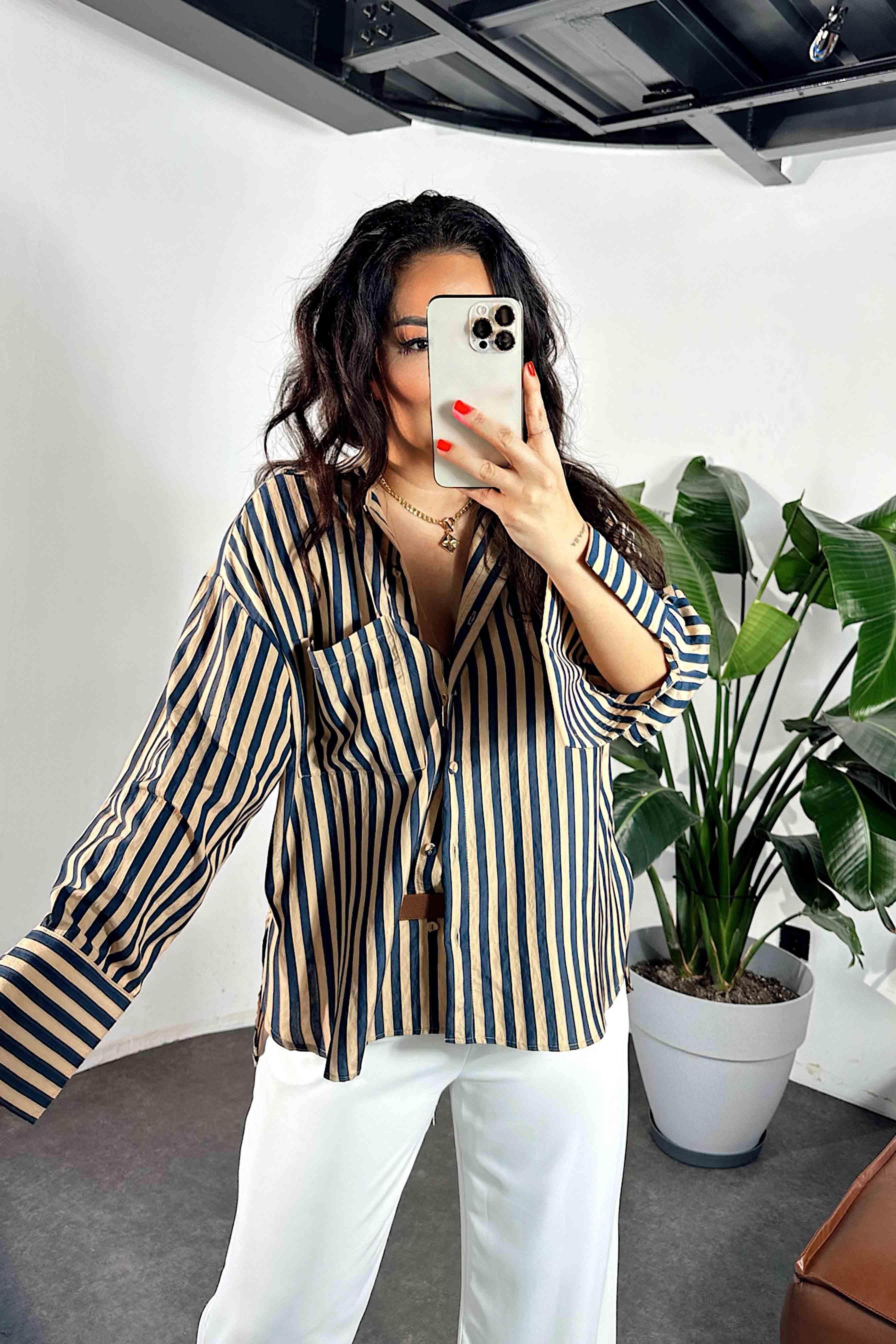 Premium Kalite Oversize Çizgili Gömlek Lacivert