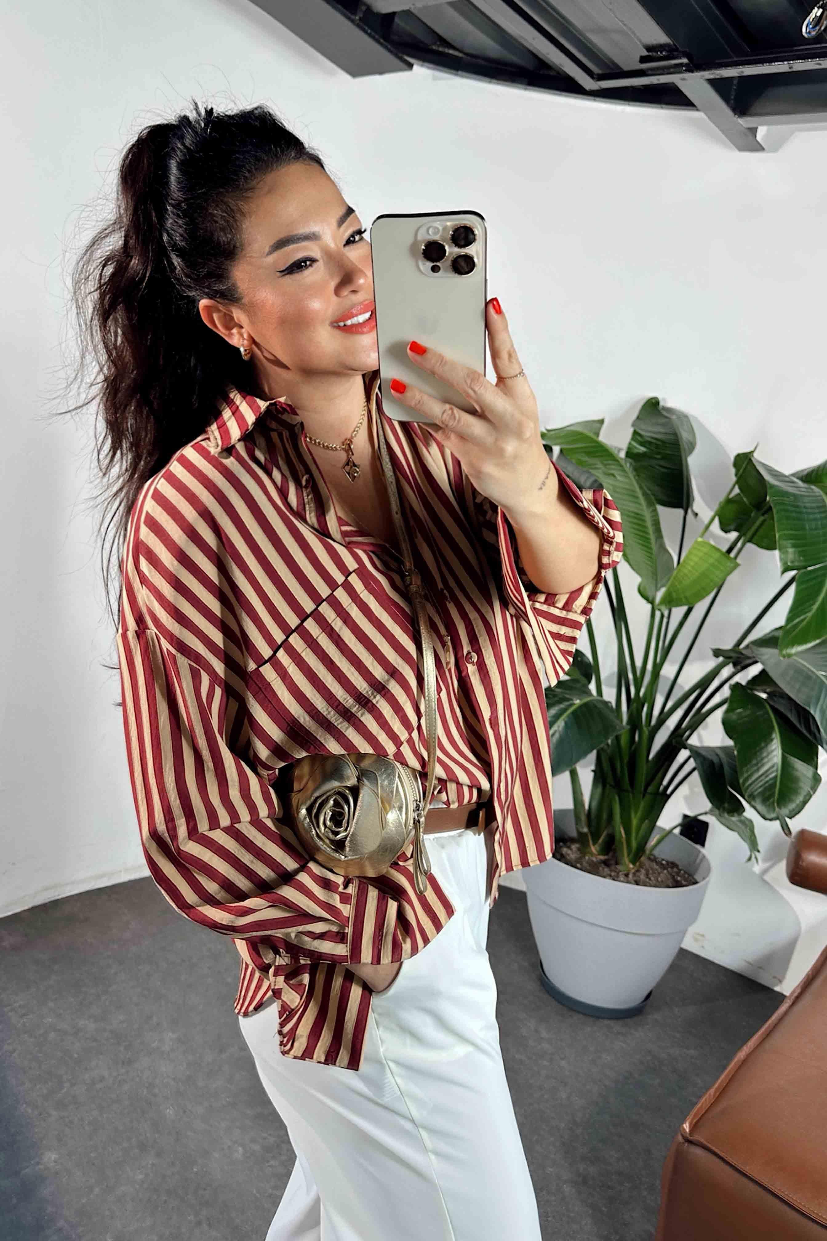 Premium Kalite Oversize Çizgili Gömlek Bordo