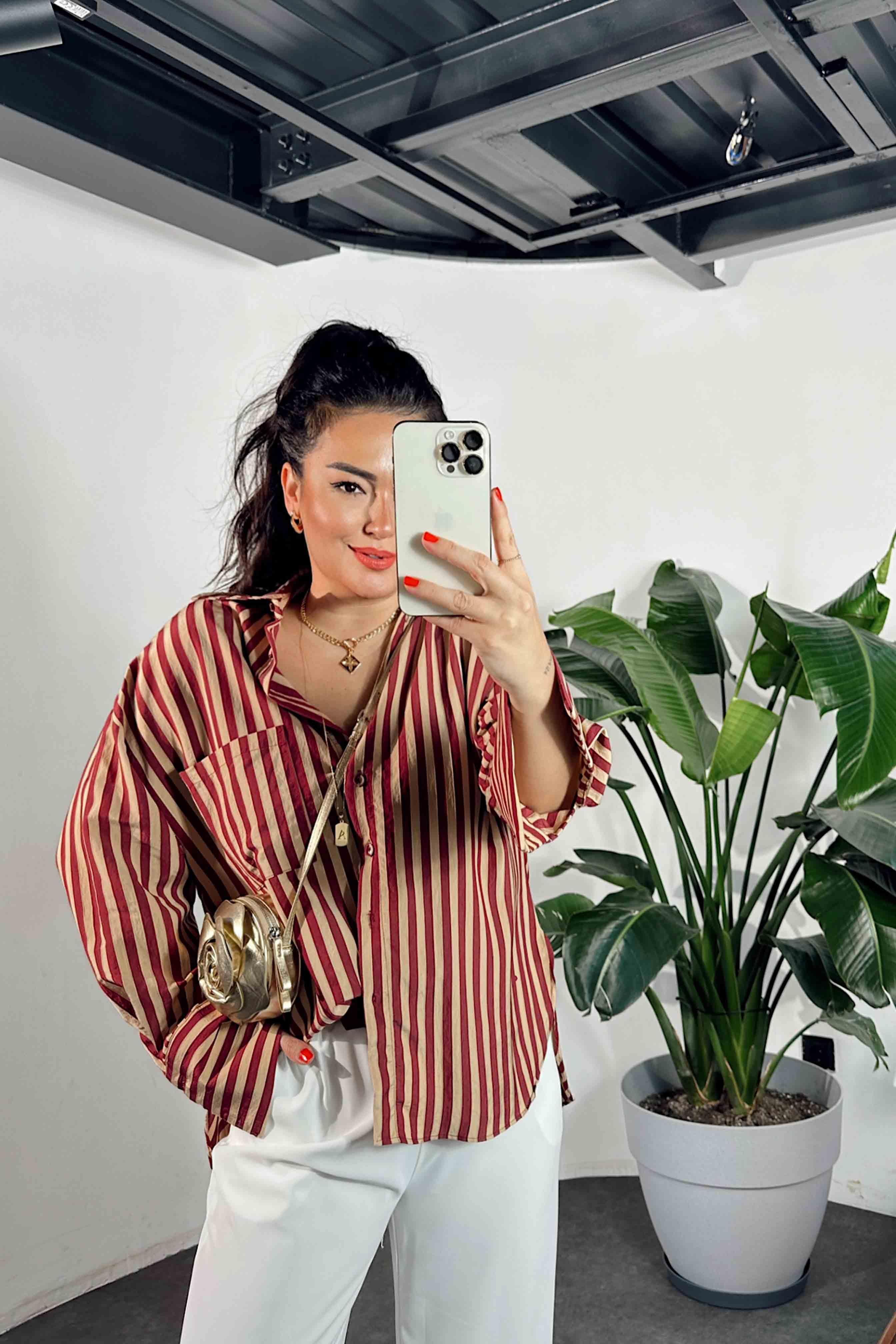 Premium Kalite Oversize Çizgili Gömlek Bordo