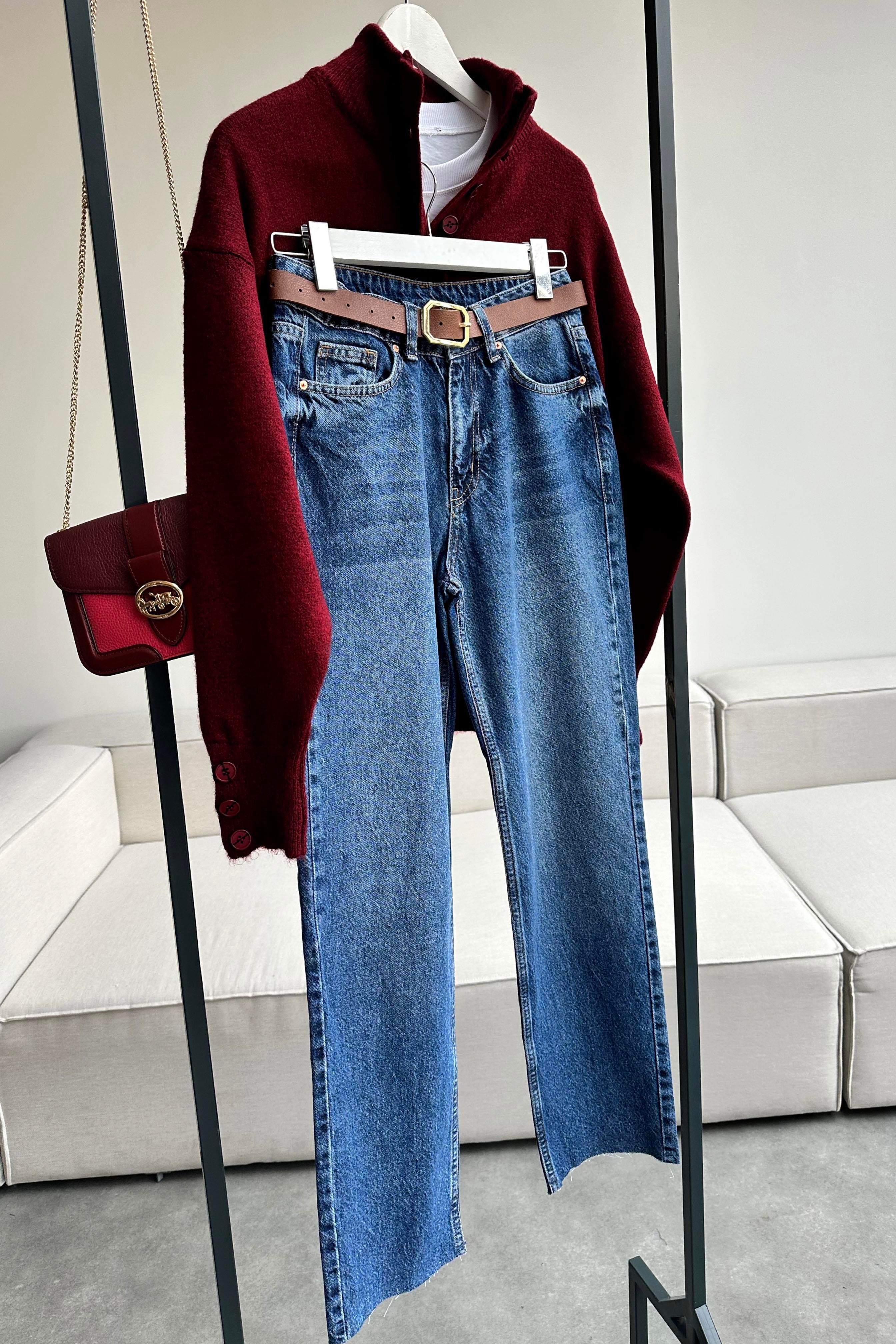 Premium Kalite Paçası Kesik Boyfit Jean Pantolon Koyu Mavi