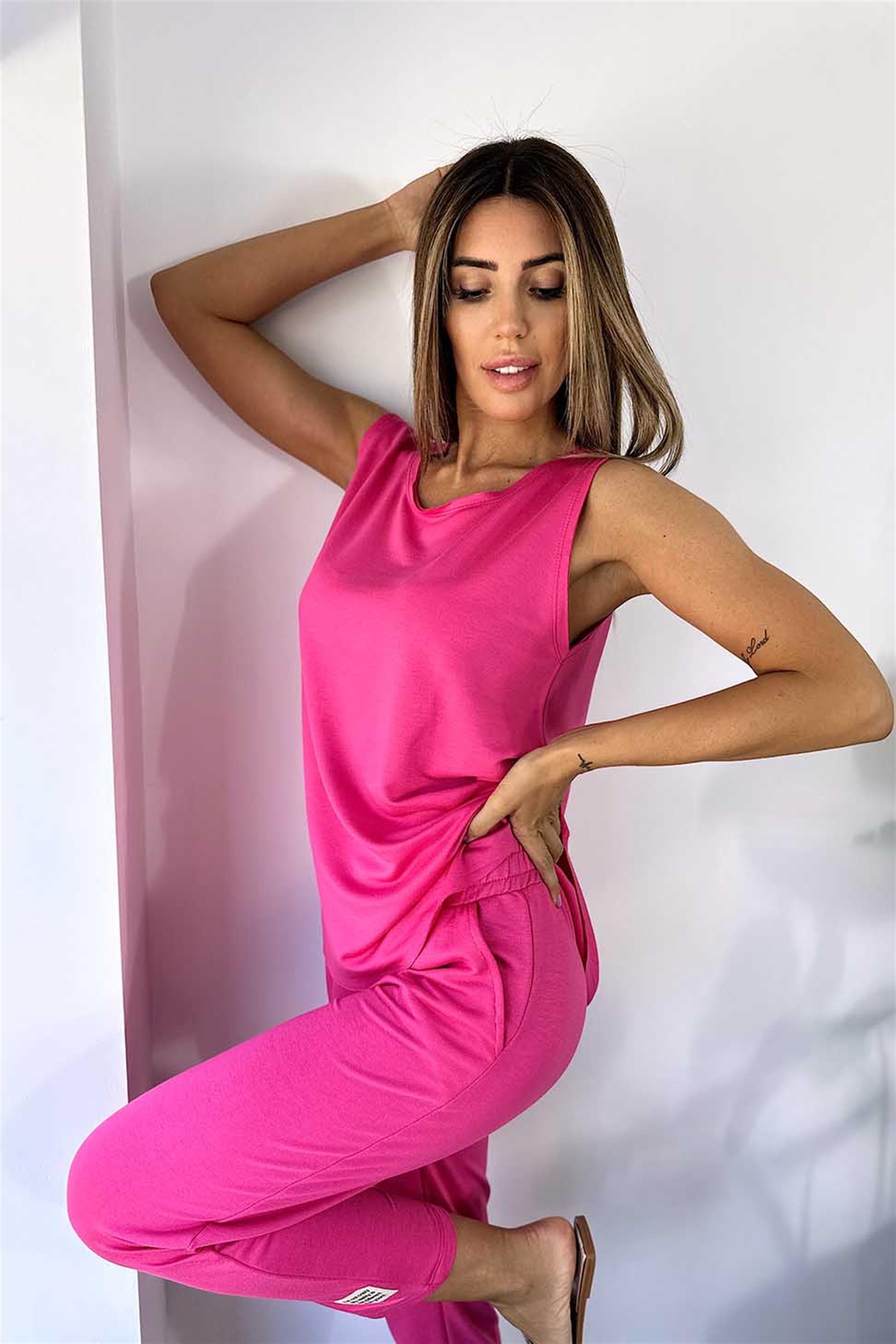Premium Kalite Pamuklu Arma Detay Bluz Pantolon Kadın Takım Pembe