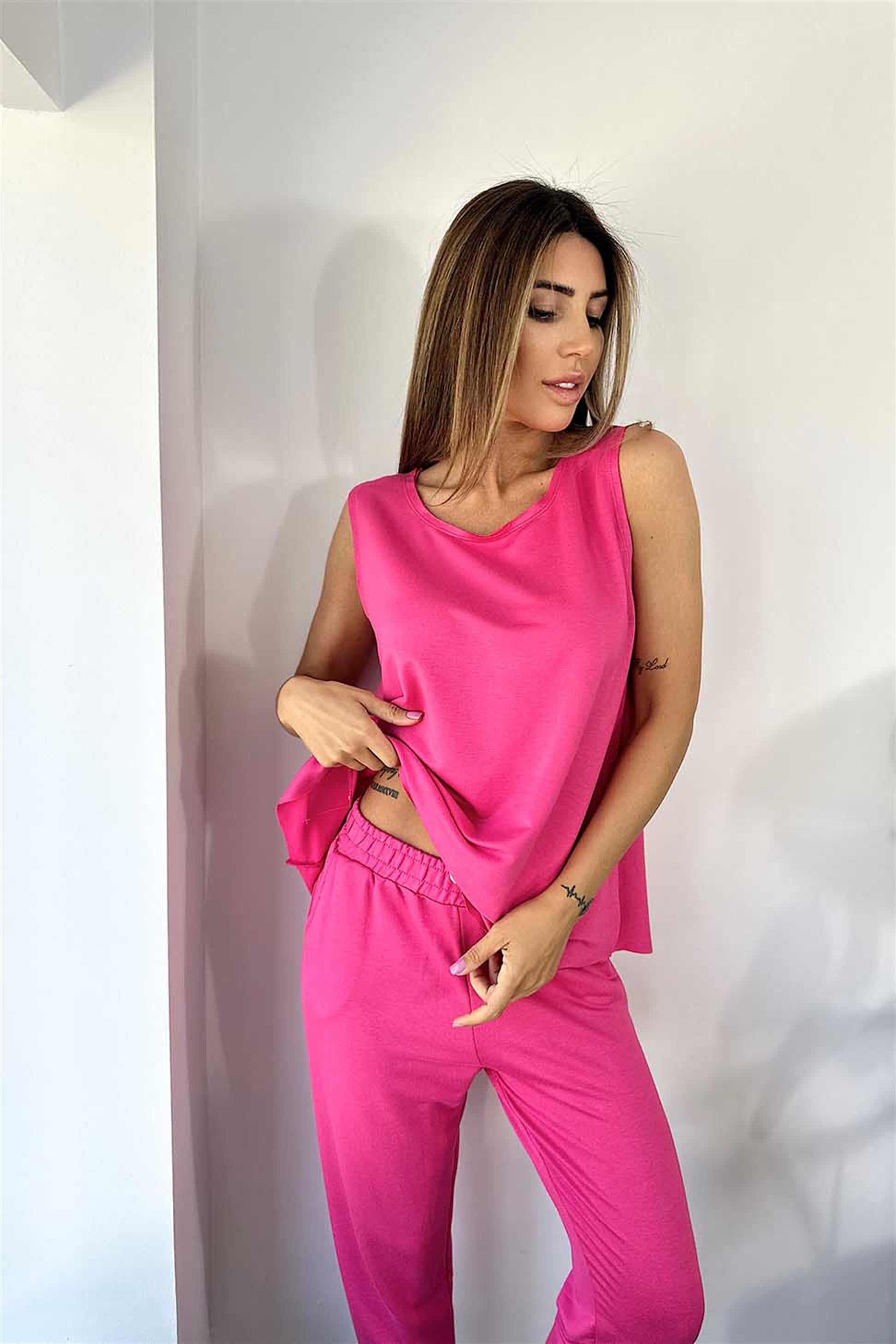 Premium Kalite Pamuklu Arma Detay Bluz Pantolon Kadın Takım Pembe