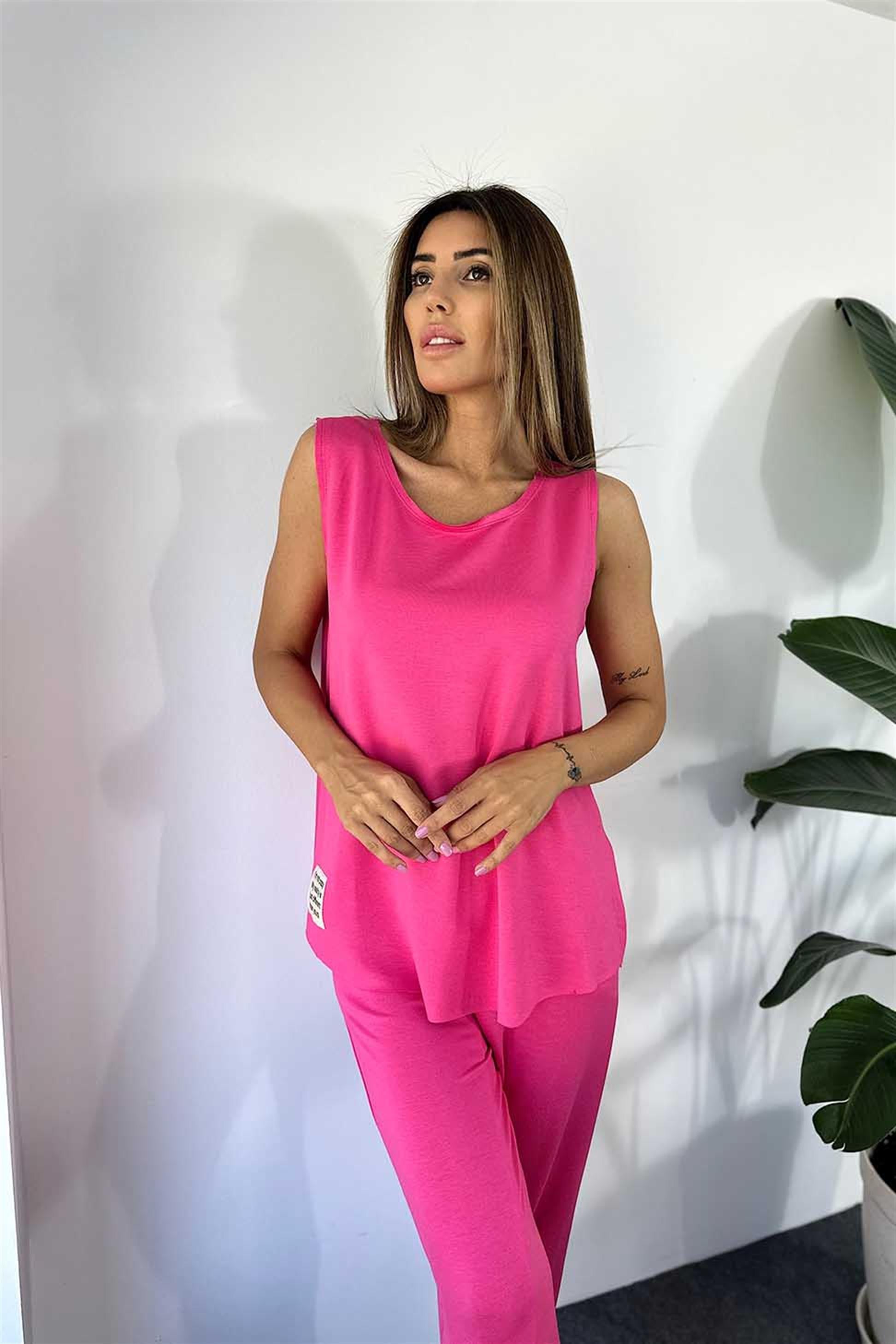 Premium Kalite Pamuklu Arma Detay Bluz Pantolon Kadın Takım Pembe